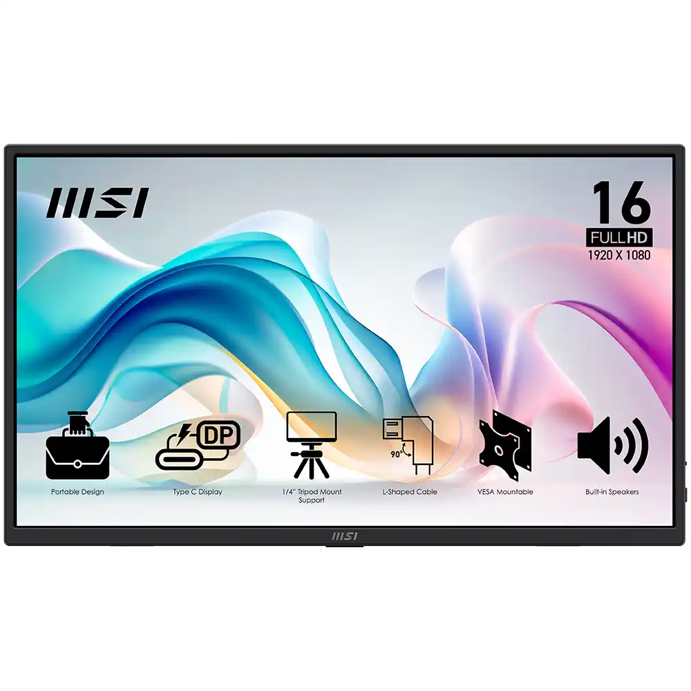 Çeşitli özellik simgeleri olan düz ekranlı bir monitör. Ekran renkli girdaplar gösteriyor. Metin '16 FULL HD' ve '1920 x 1080' içerir.