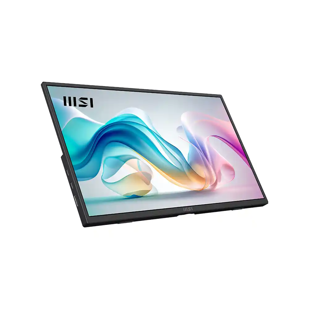 Siyah bir MSI monitör, beyaz bir arka plan üzerinde dönen mavi, beyaz ve pembe şekillerin renkli soyut bir görüntüsünü görüntülüyor.