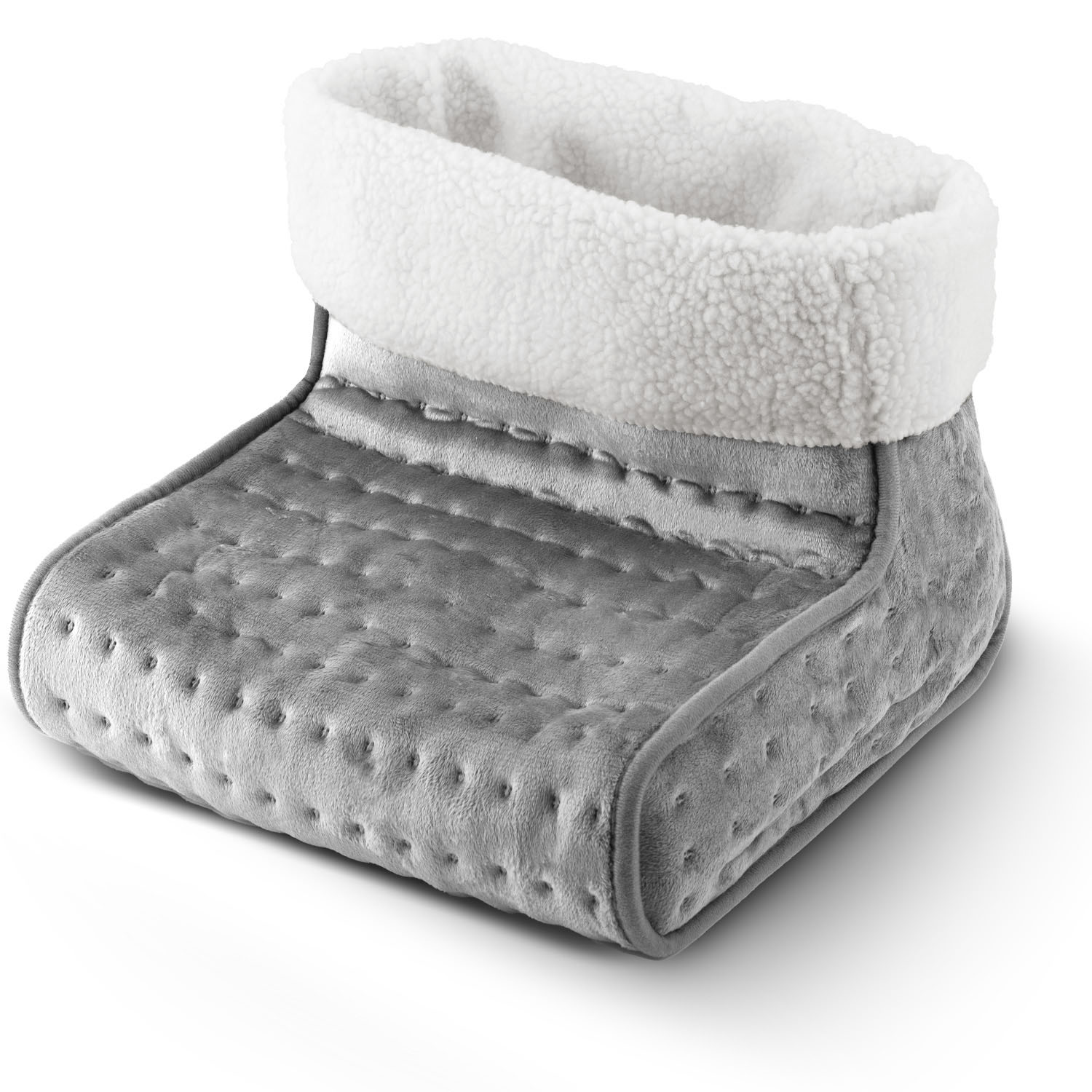 Szary ogrzewacz do stóp z białym, puszystym wnętrzem. Ogrzewacz ma pikowaną fakturę i miękki, pluszowy wygląd.