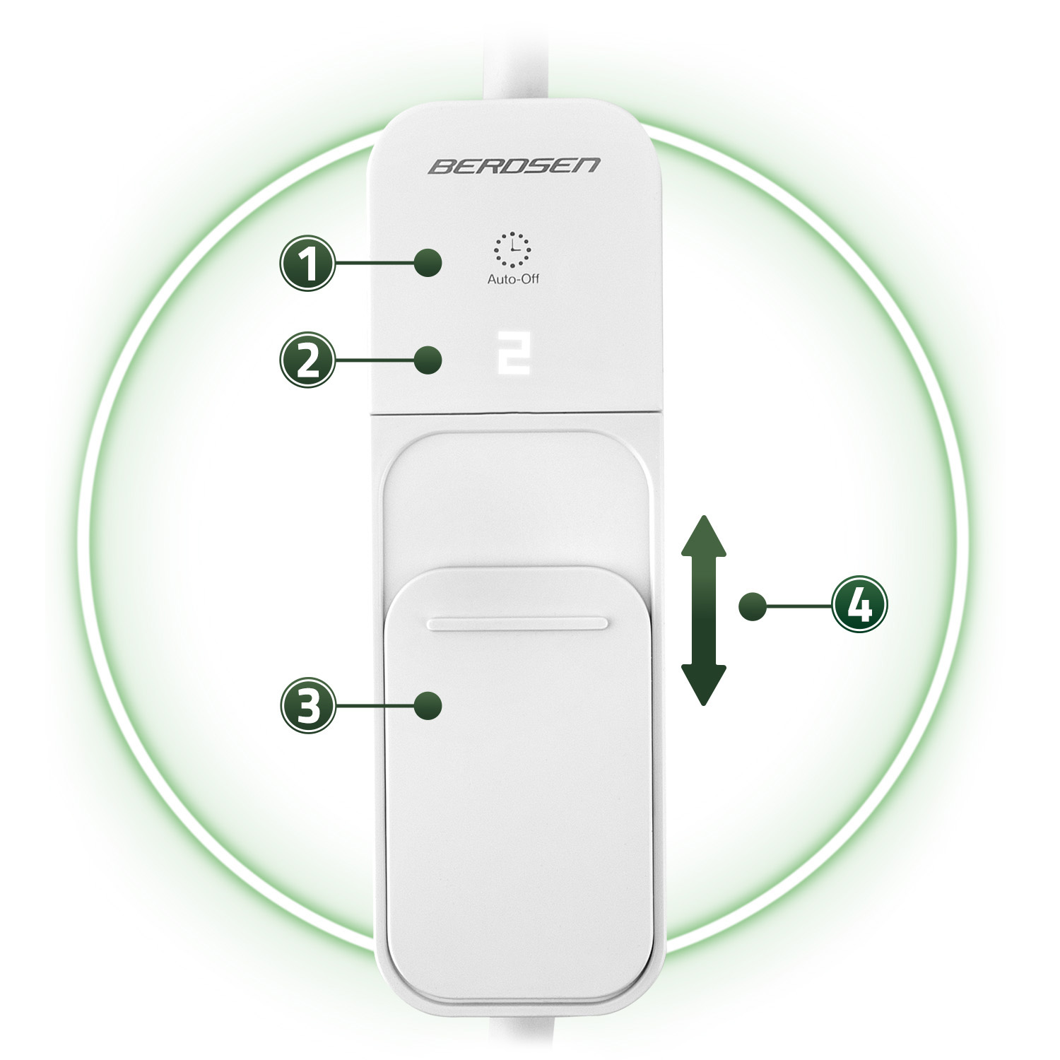 Białe urządzenie BEROSEN z przyciskami i strzałką. Znajduje się w zielonym okręgu na białym tle.