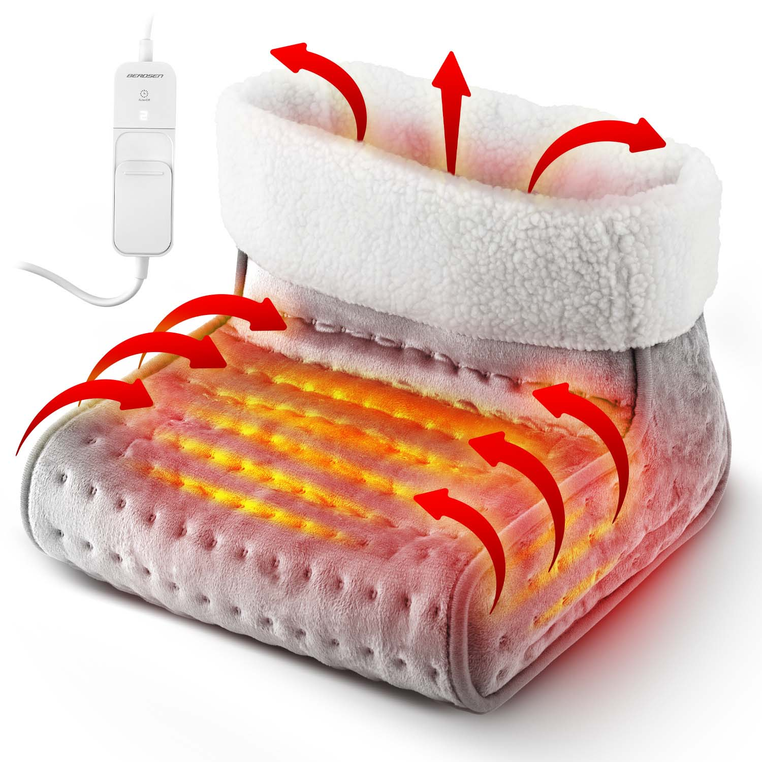 Elektryczny podgrzewacz do stóp, wewnątrz biały, na zewnątrz szary, ze strzałkami wskazującymi ciepło. Panel sterowania z boku.