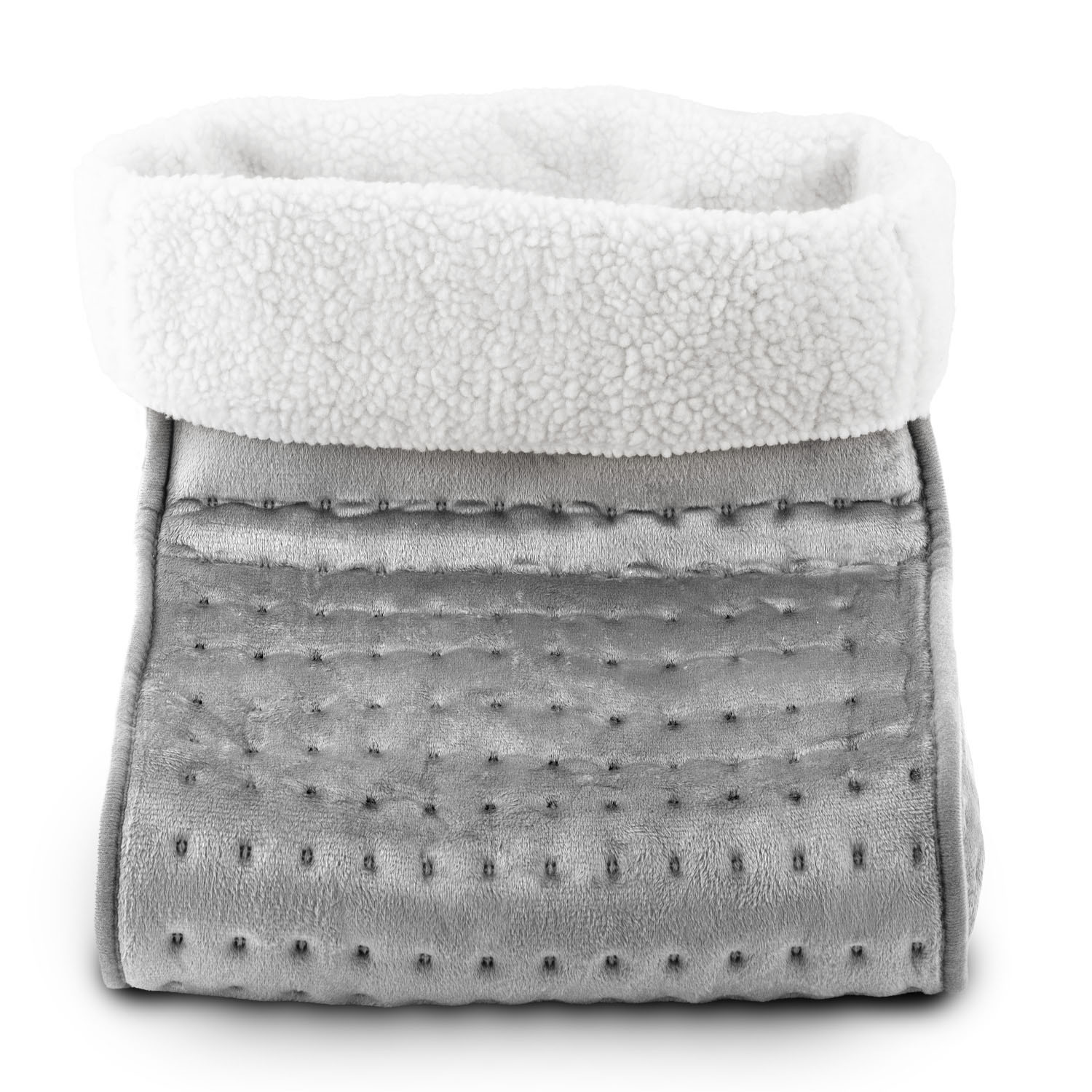 Szare, pluszowe, prostokątne legowisko dla zwierząt z białym, puszystym, zawiniętym brzegiem. Znajduje się na białym tle.