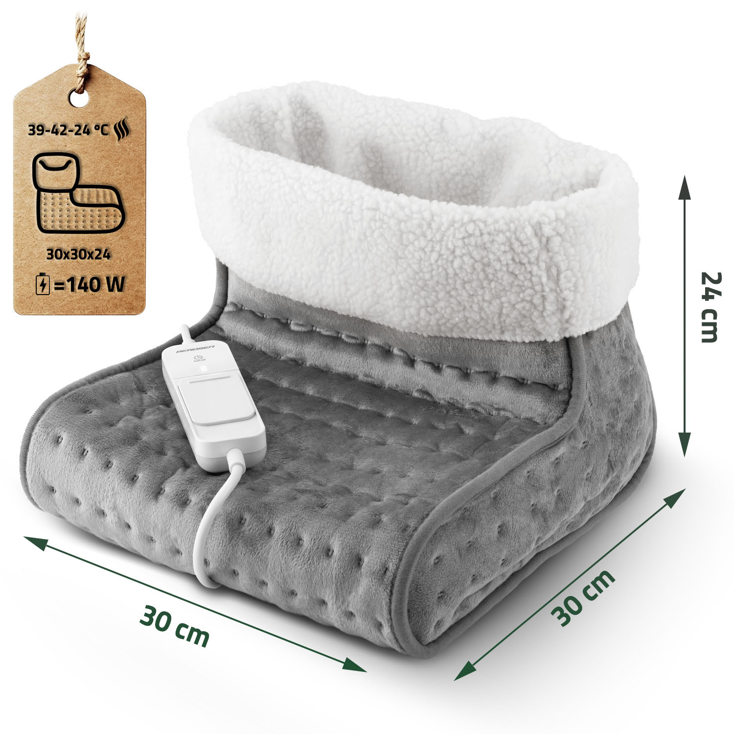 Szary elektryczny podgrzewacz stóp z białą pluszową wyściółką, oznaczone wymiary. Etykieta pokazuje zakres temperatur i moc w watach.