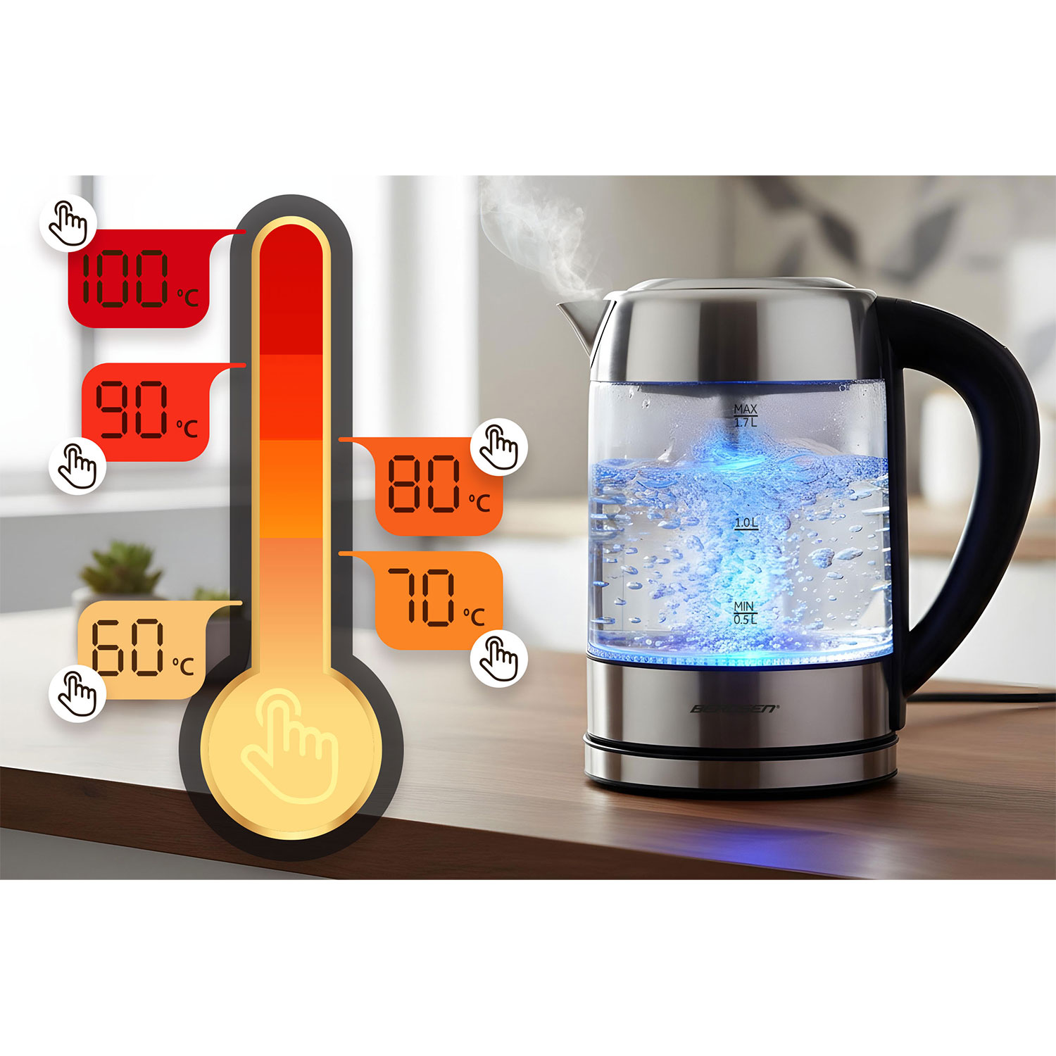 Szklany czajnik elektryczny z wrzącą wodą, parą i wskaźnikiem temperatury. Wskaźnik pokazuje różne temperatury w stopniach Celsjusza.