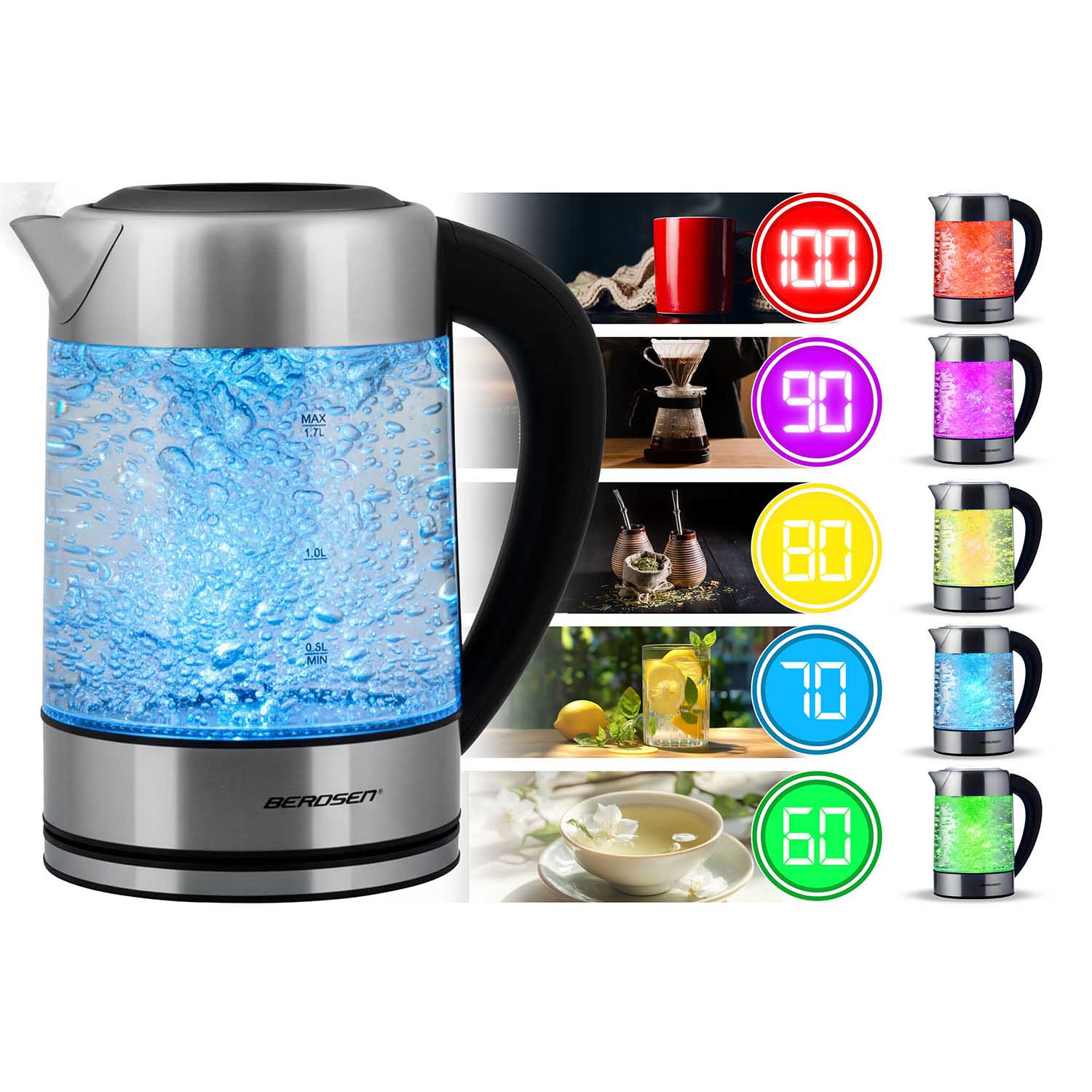 Czajnik elektryczny z niebiesko podświetlaną wodą. Wyświetla ustawienia temperatury i zdjęcia napojów.