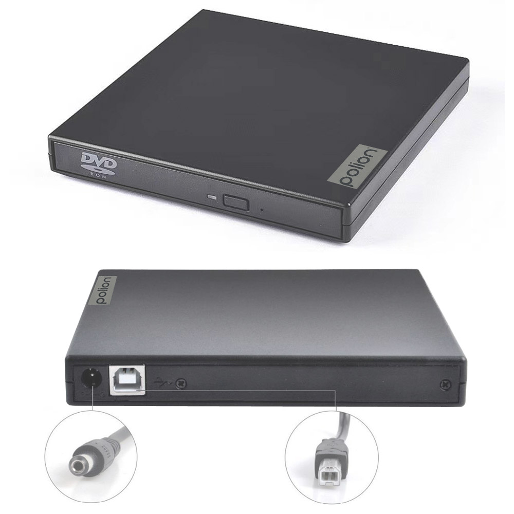 Czarny zewnętrzny napęd DVD-ROM. Posiada tekst 'DVD ROM', port zasilania, port USB i logo 'polion'. Kable pokazane z bliska.