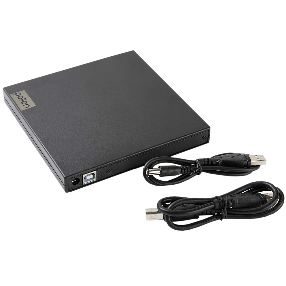 Czarna zewnętrzna nagrywarka CD/DVD z kablami USB. Na napędzie napis 'polion'. Kable i napęd na białym tle.