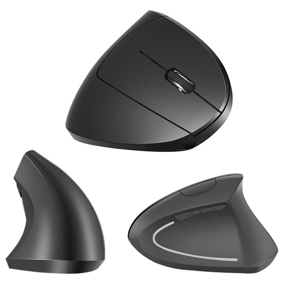 Trzy widoki czarnej, ergonomicznej myszy pionowej. Pokazuje widok z góry, z boku i z boku pod kątem urządzenia.