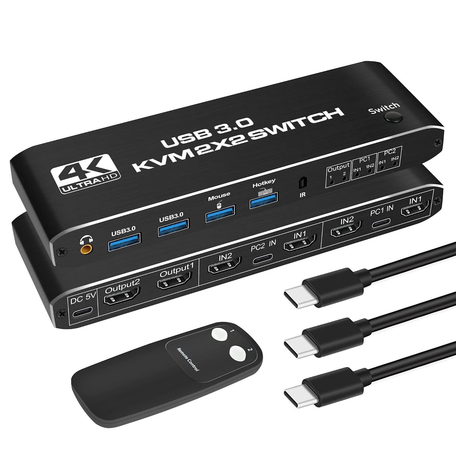 Czarny przełącznik KVM z wieloma portami, pilotem i kablami USB-C. Tekst: USB 3.0 KVM 2x2 Switch i 4K Ultra HD.