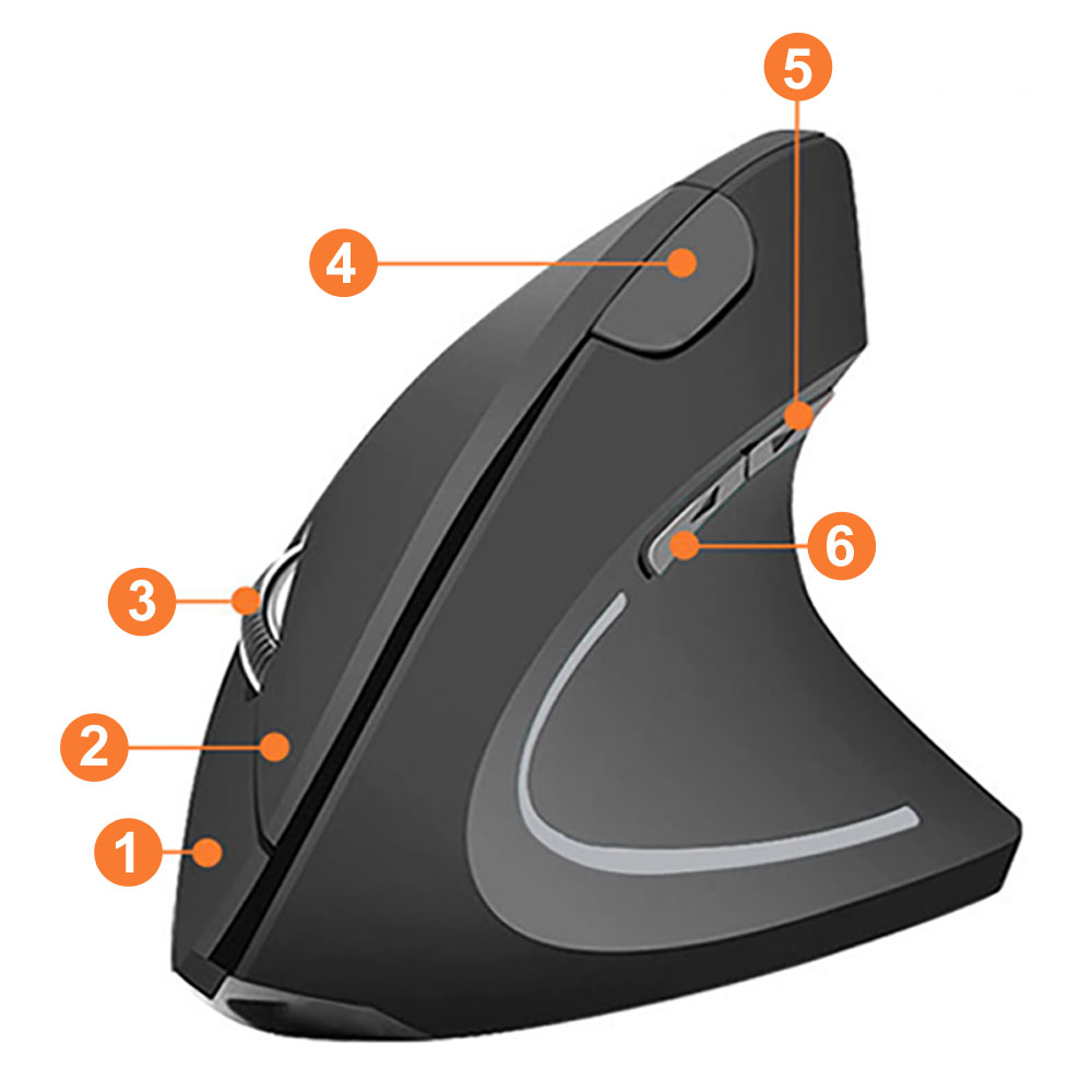 Pionowa, ergonomiczna mysz komputerowa. Jest czarna, z kilkoma przyciskami i kółkiem przewijania, zaprojektowana w celu zmniejszenia obciążenia.