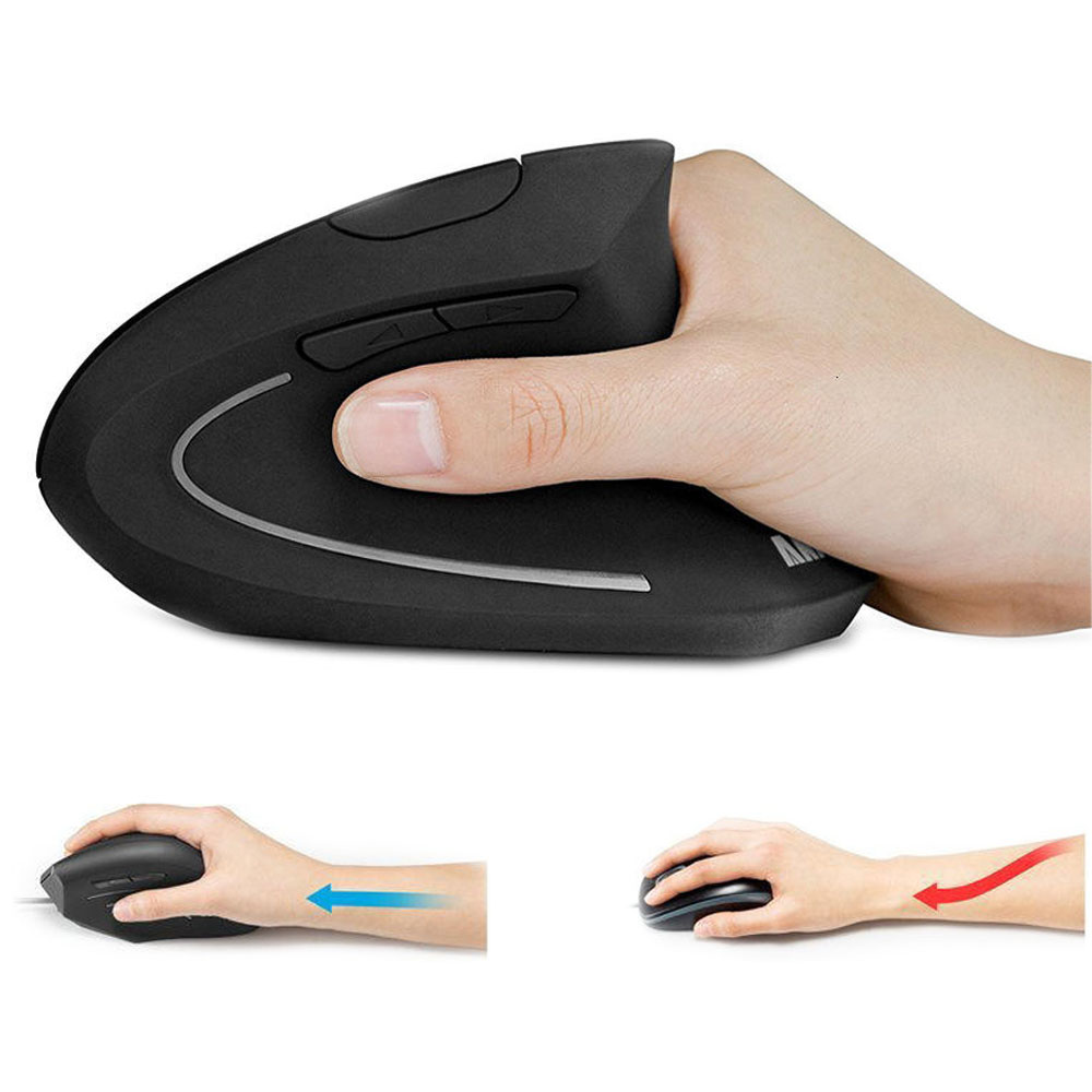 Dłoń trzymająca czarną ergonomiczną mysz. Dwa mniejsze obrazy pokazują pozycje dłoni ze strzałkami wskazującymi ruch.