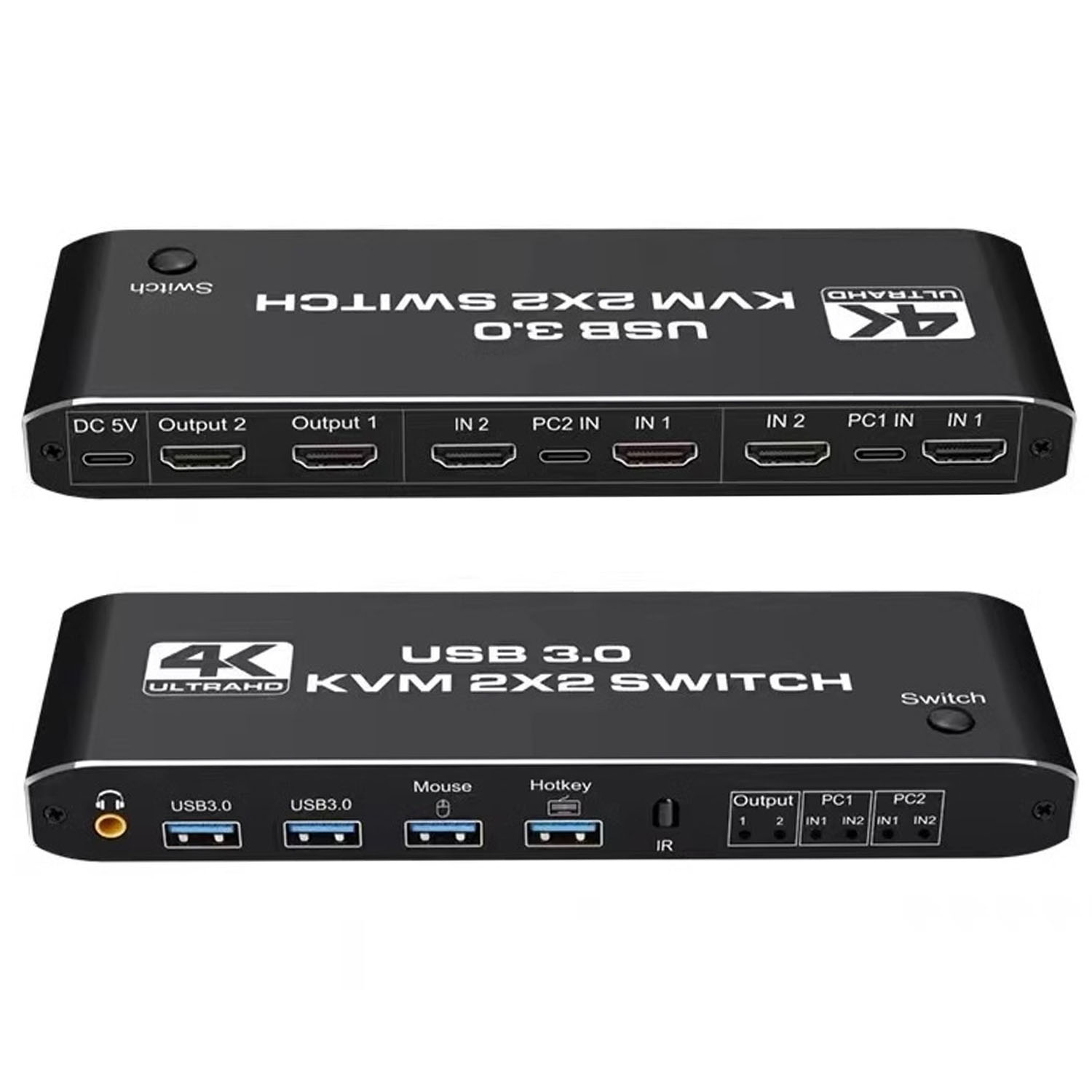 Dwa czarne przełączniki KVM 2x2. Górna skrzynka ma wejścia i wyjścia. Dolna skrzynka ma porty USB i inne.