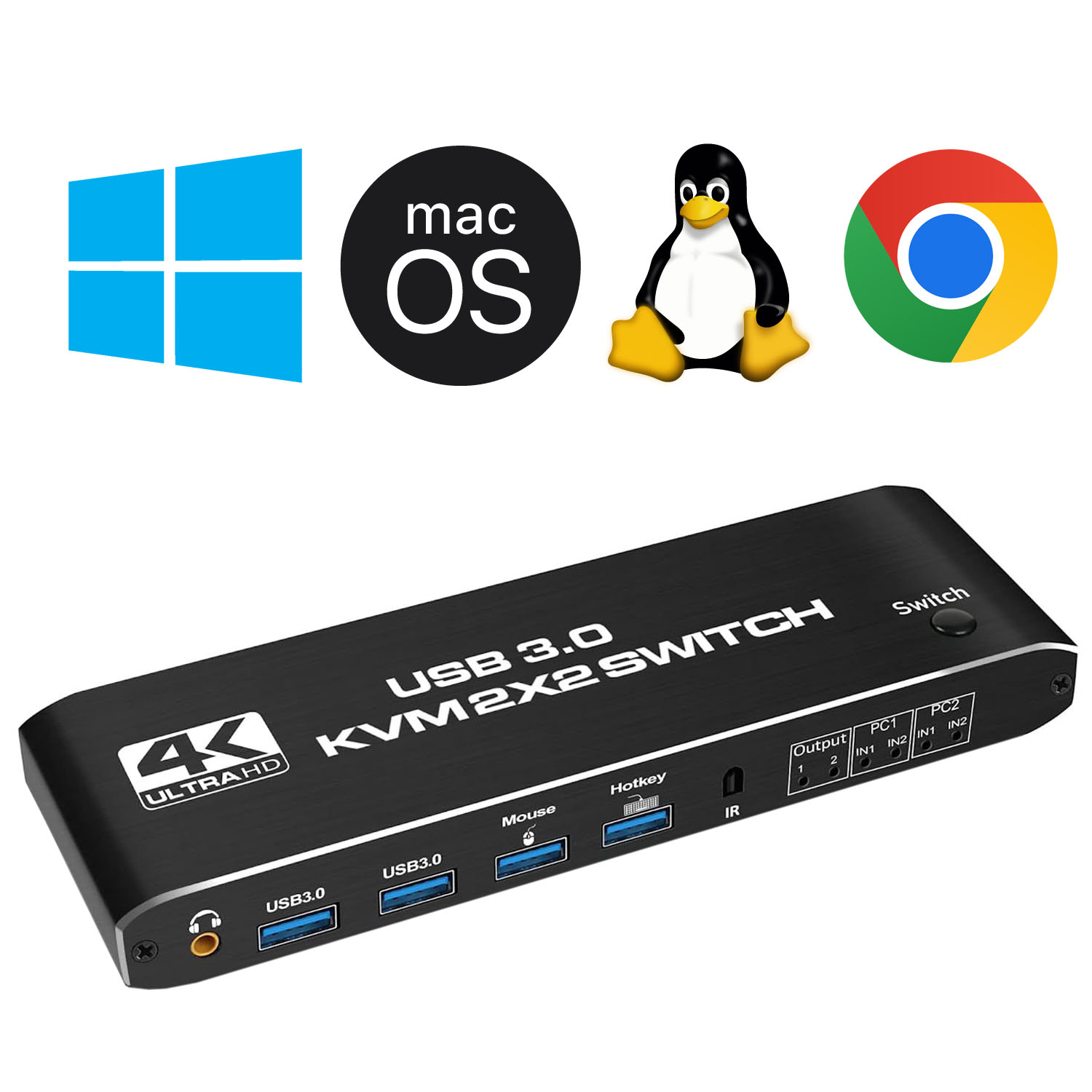 Czarny przełącznik KVM z logo Windows, Mac OS, pingwina Linuksa i Chrome. Posiada porty USB 3.0 i 4K Ultra HD.
