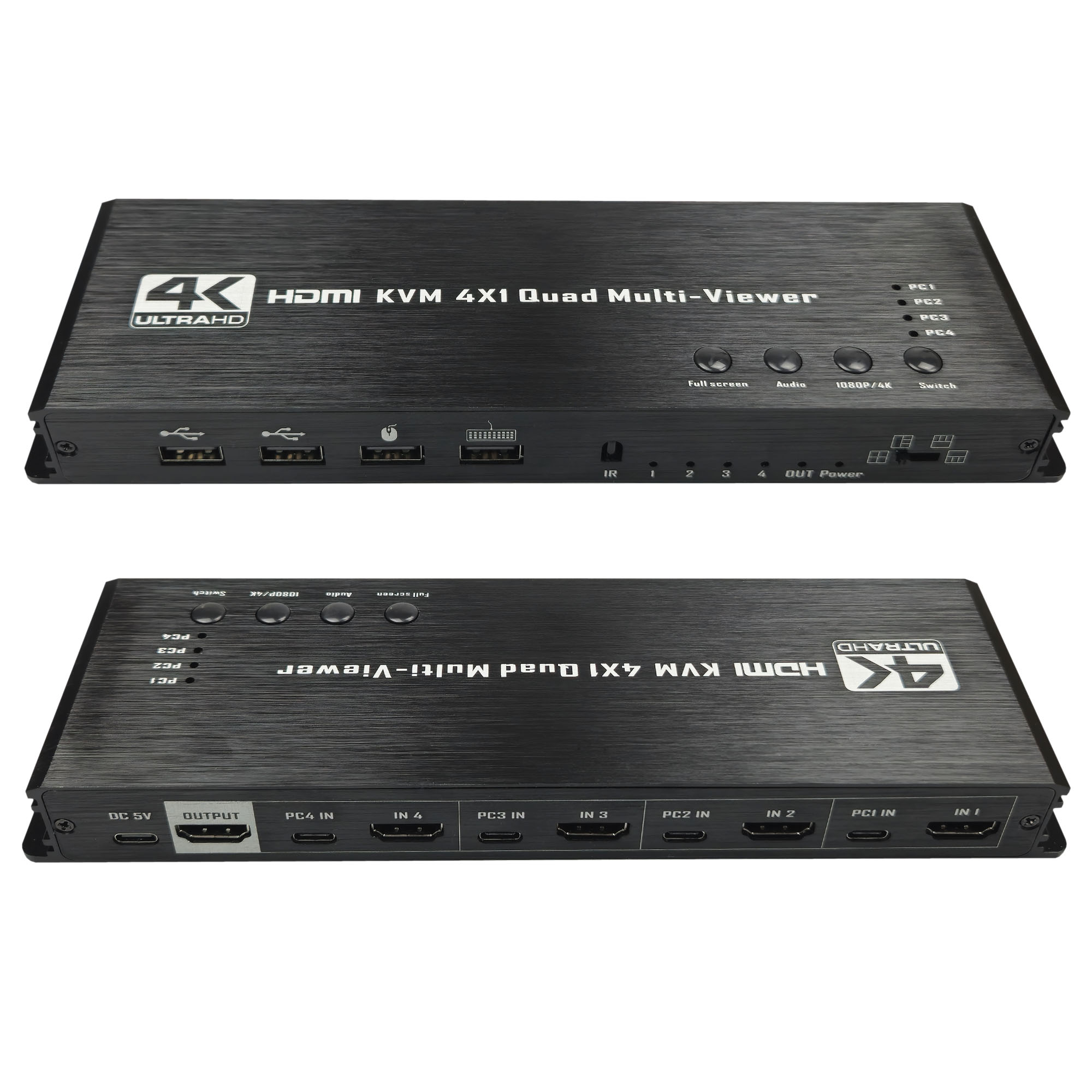 Czarny HDMI KVM 4x1 quad multi-viewer z wieloma portami, przyciskami i logo 4K Ultra HD.