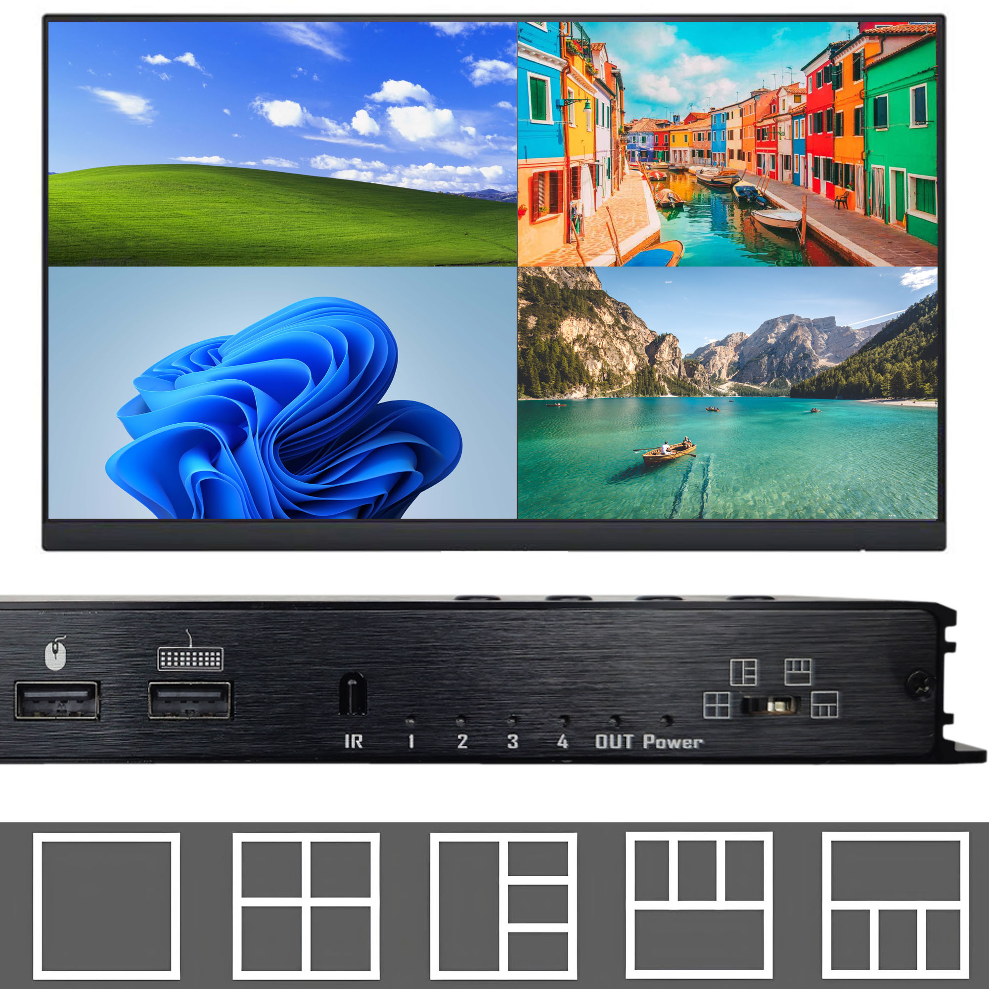 Monitor wyświetla cztery obrazy: zielone pole, kolorowe budynki, logo Windows i jezioro z górami.