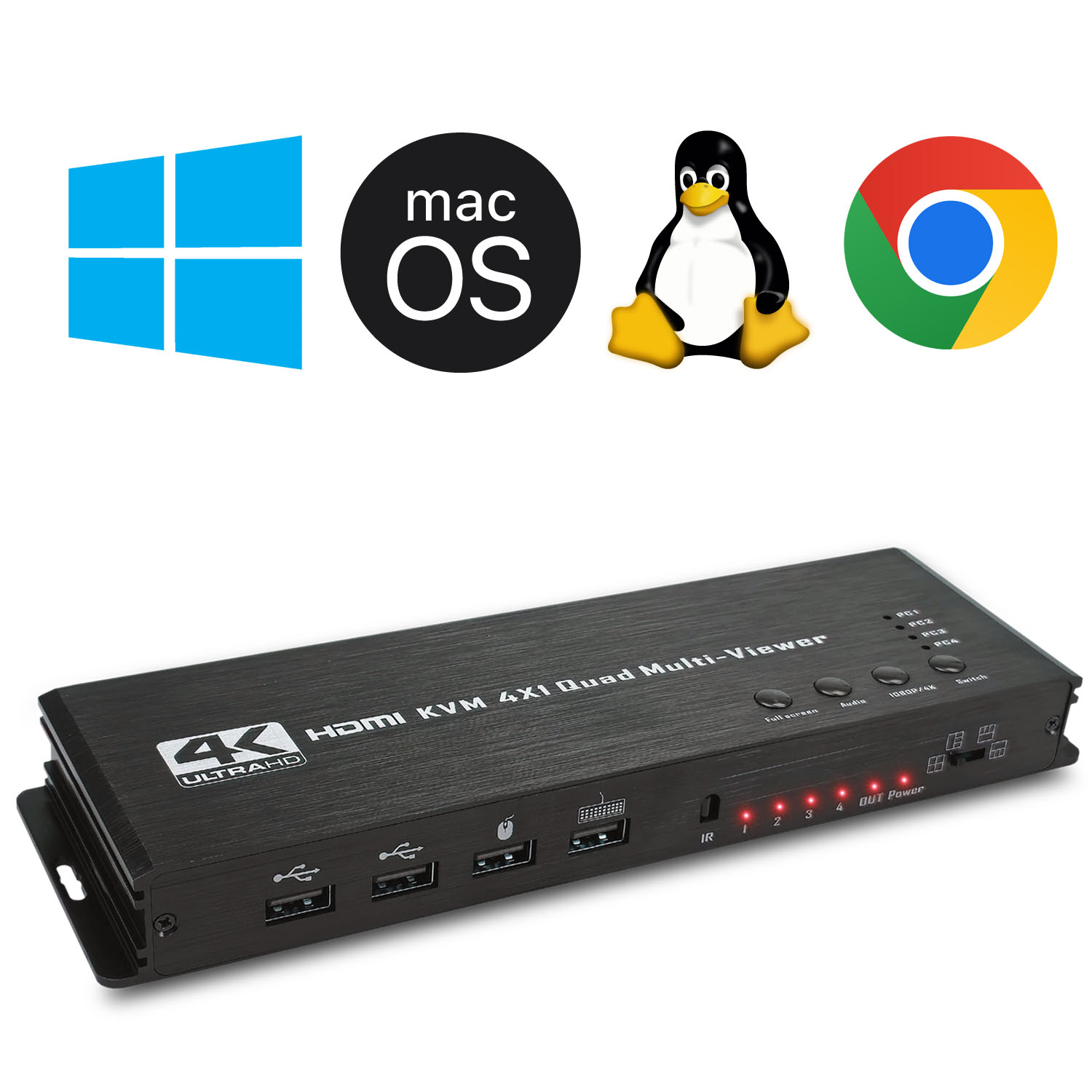 Czarny HDMI KVM 4x1 Quad Multi-Viewer z logo Windows, Mac OS, Linux i Chrome OS. Posiada wiele portów i przycisków.