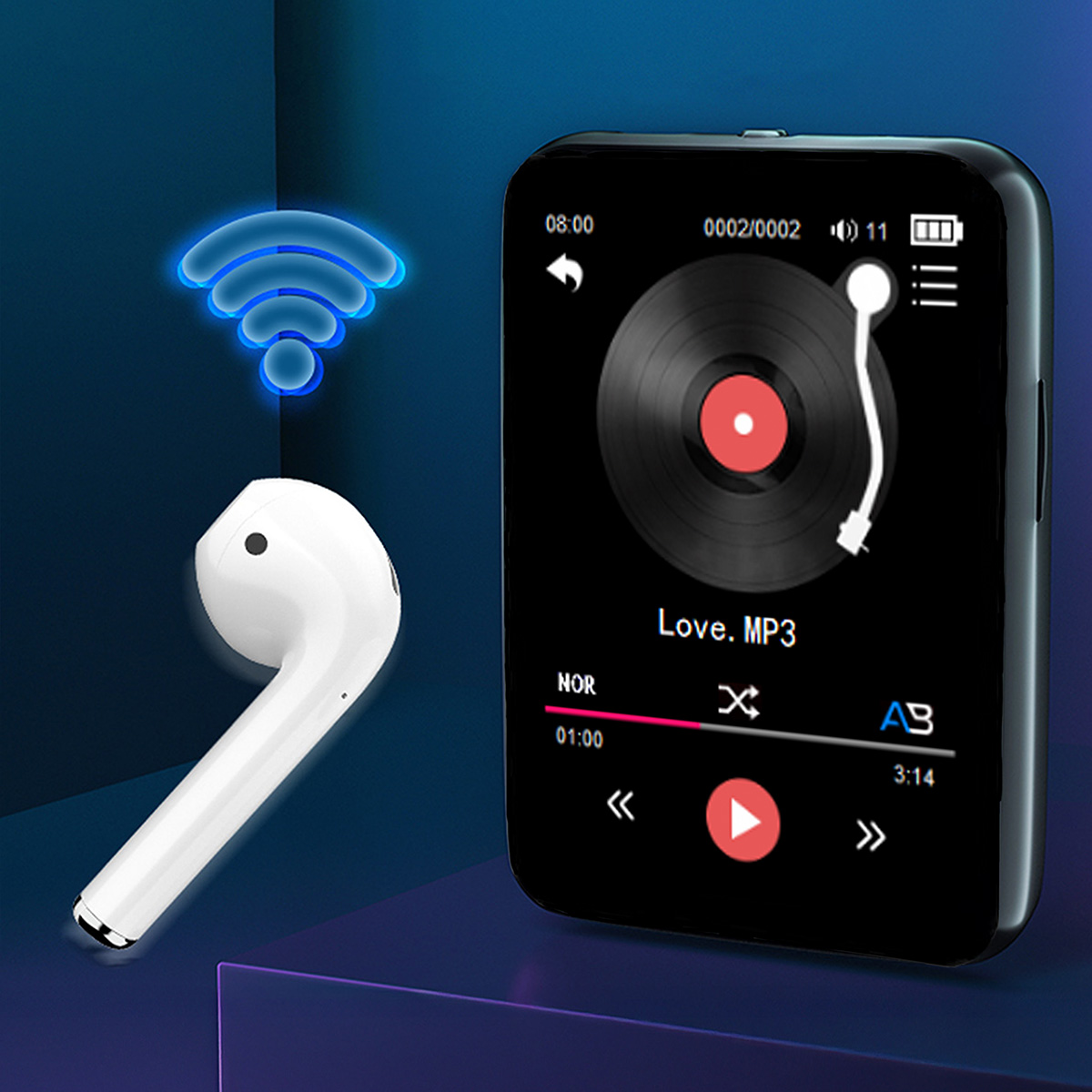 Biała słuchawka obok czarnego odtwarzacza muzyki z płytą winylową na ekranie. Z lewej strony symbol Wi-Fi.