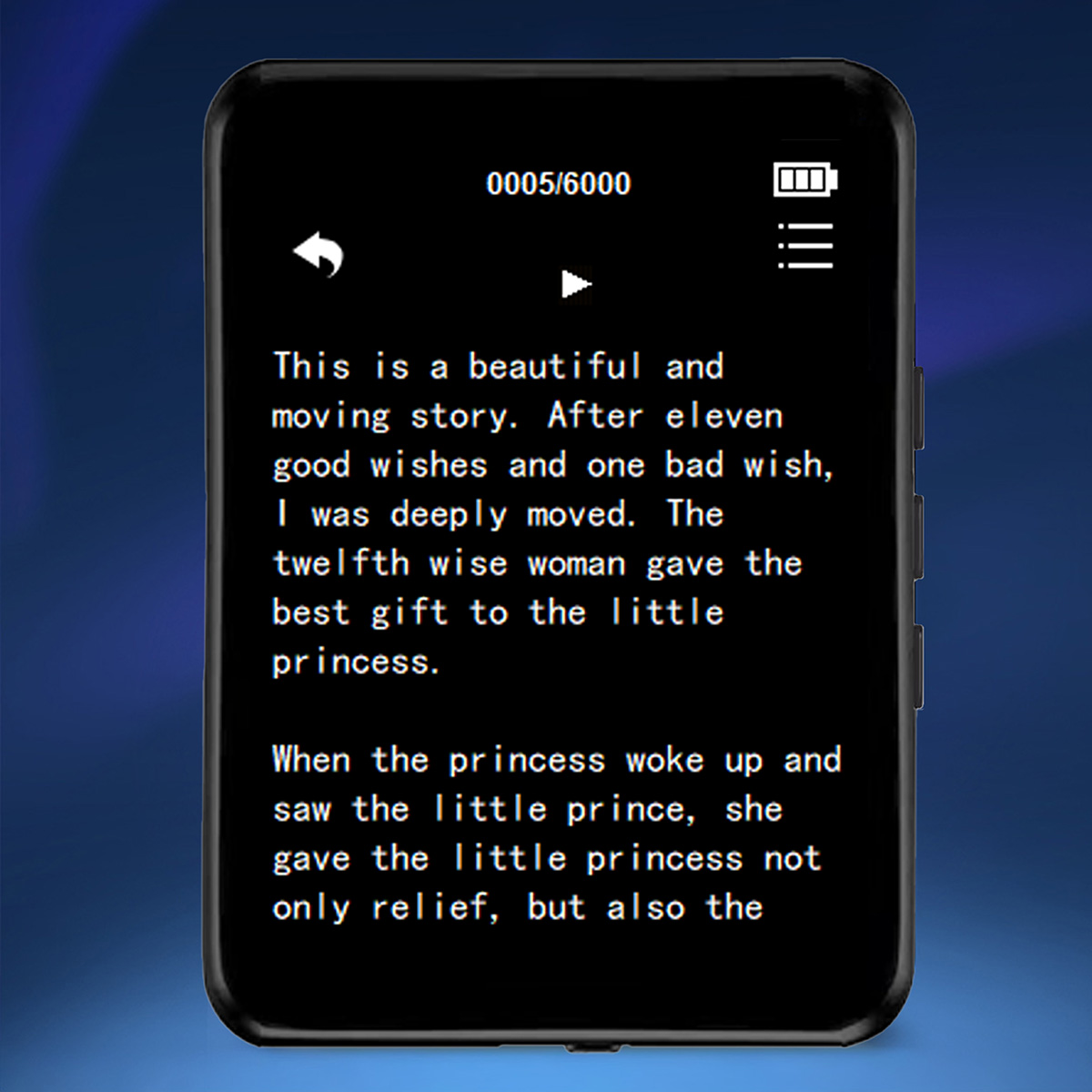 Urządzenie przenośne wyświetla tekst historii. Ekran pokazuje linie tekstu. Ikony baterii i menu znajdują się u góry.