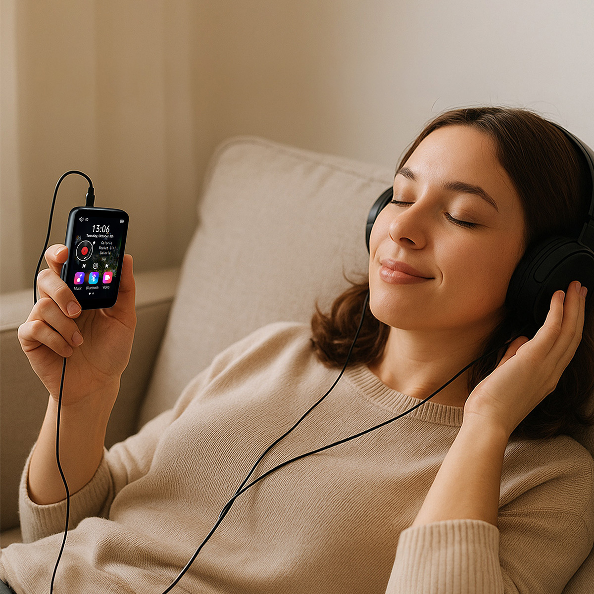 Kobieta w słuchawkach słucha muzyki z czarnego odtwarzacza MP3. Siedzi na kanapie z zamkniętymi oczami, uśmiechając się.