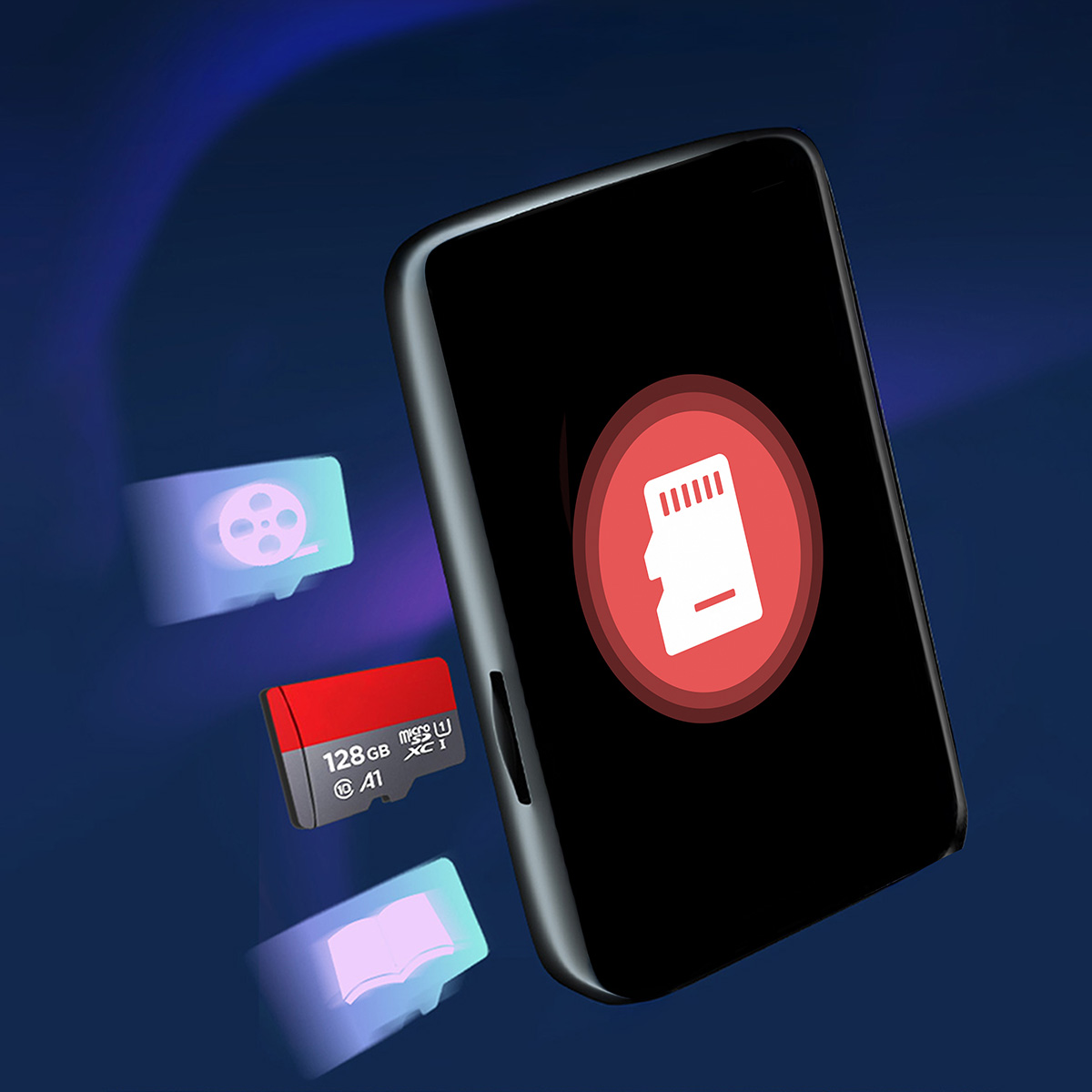 Telefon wyświetlający czerwoną ikonę karty SD. Ikony rolki filmowej, czerwonej karty SD i książki po bokach.