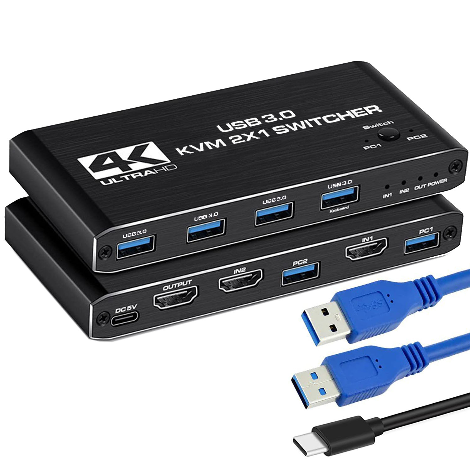 Czarny przełącznik KVM 2x1 USB 3.0 z wieloma portami, kablami i złączem USB-C. Urządzenie obsługuje rozdzielczość 4K Ultra HD.