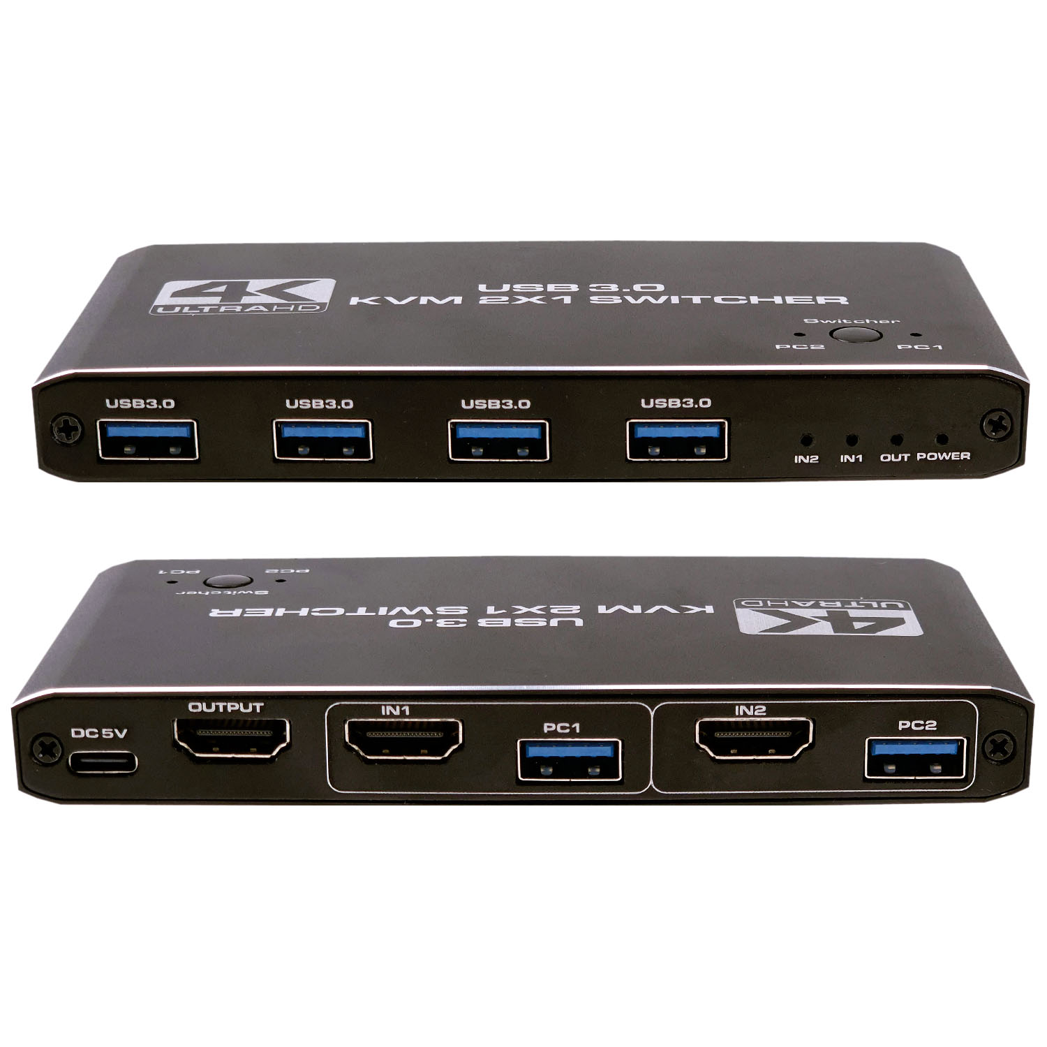 Czarny przełącznik KVM z portami USB 3.0. Góra: porty USB. Dół: porty HDMI, USB i zasilania. Etykieta '4K ULTRA HD'.