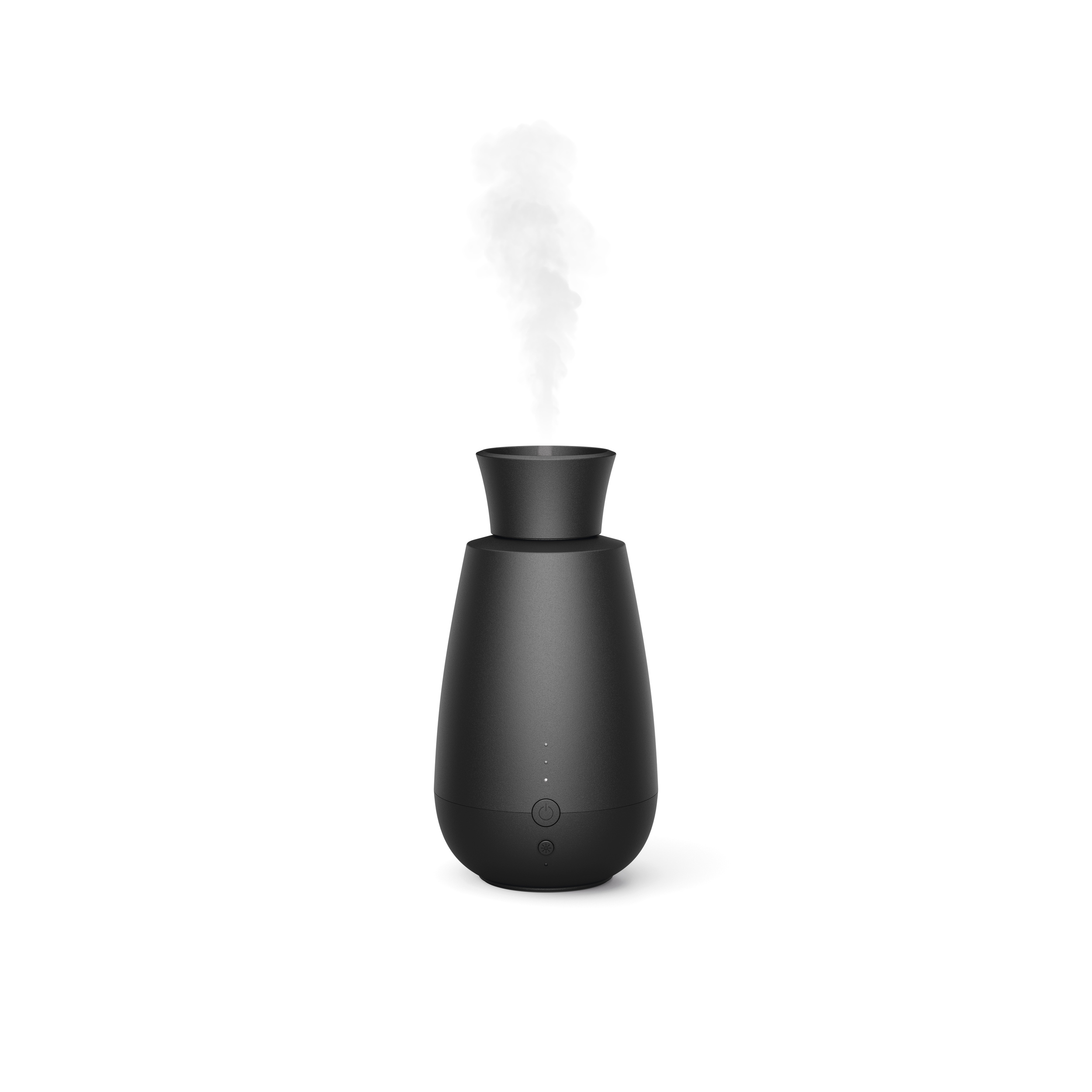 A black diffuser is on a white background. It has a rounded base, a cylindrical top, and emits white vapor.