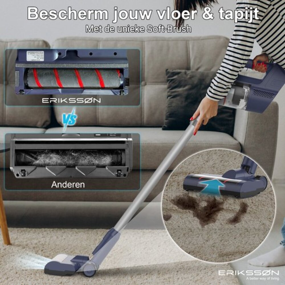 A woman uses a vacuum cleaner on a carpet. The image shows the vacuum's head cleaning dirt. Comparison of two brush heads is shown.