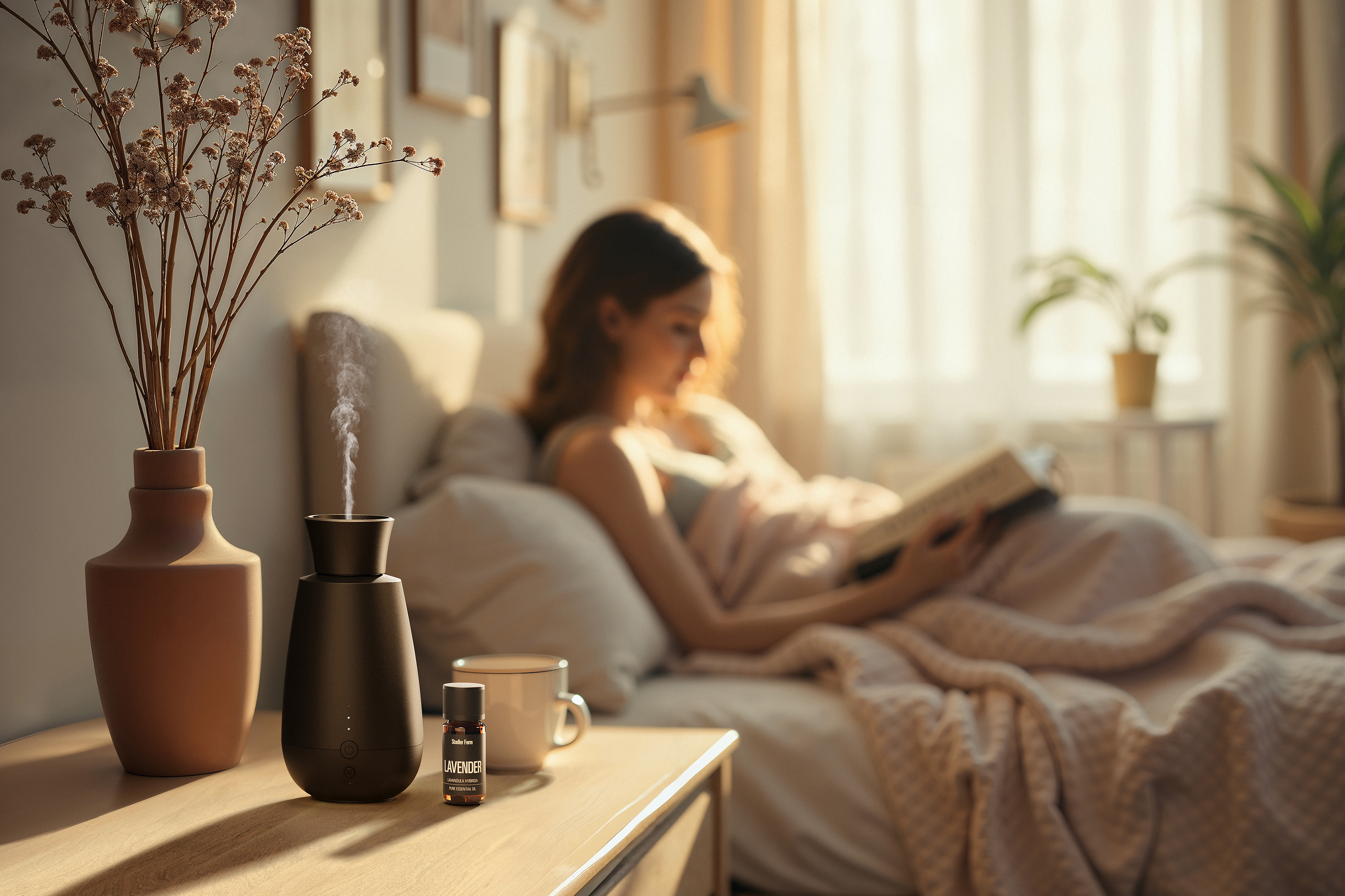 A woman reads in bed with a book. A diffuser, vase with dry flowers, mug, and essential oil bottle are on the table.