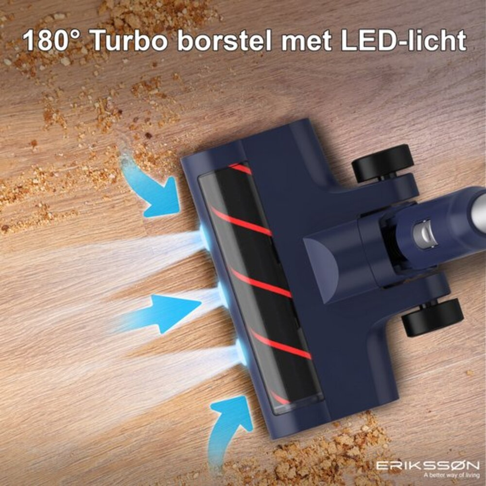 A blue vacuum cleaner head cleaning wooden floor. Arrows show airflow. Text says '180° Turbo borstel met LED-licht'.