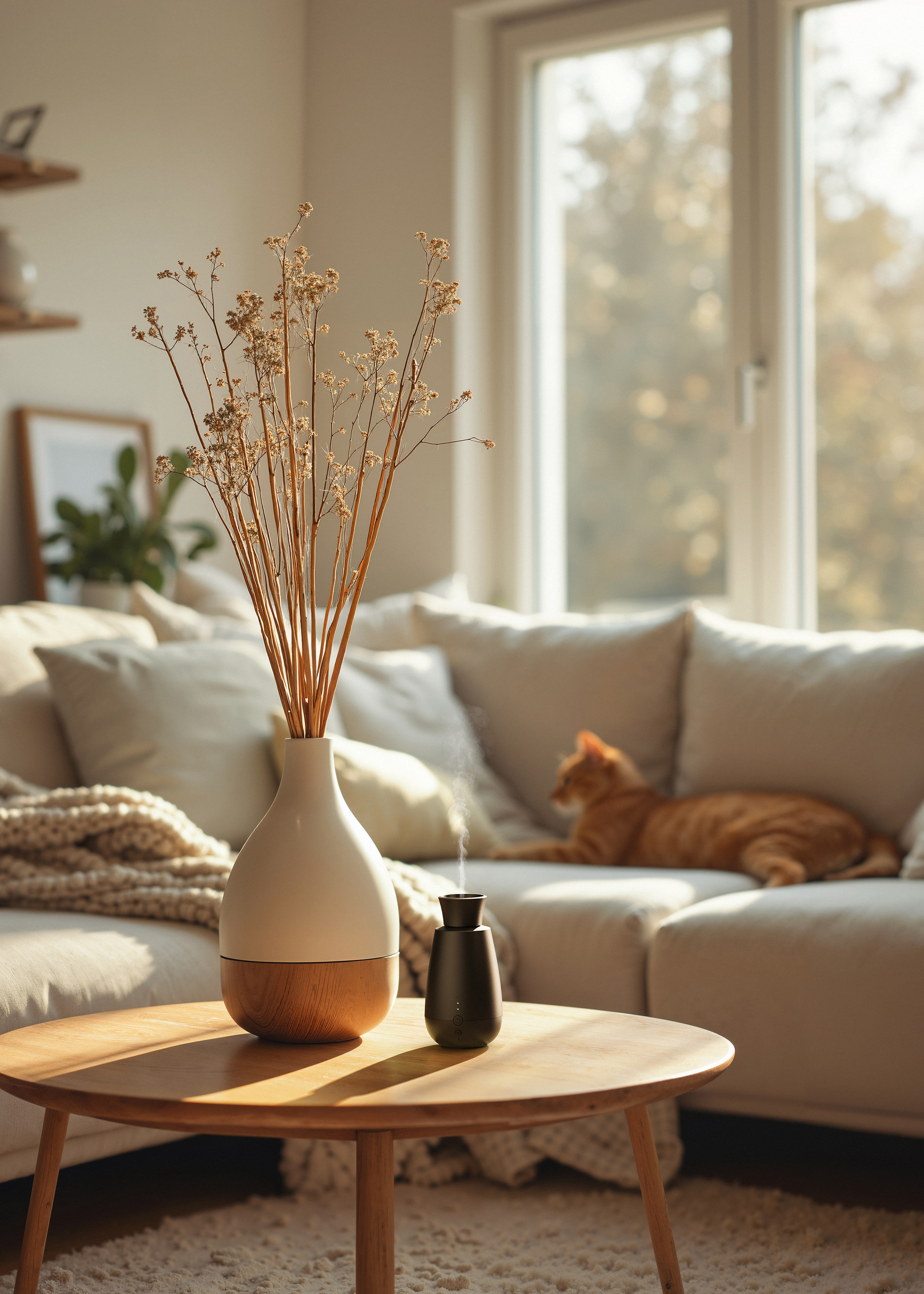 A vase with dried flowers sits on a table. A diffuser is beside it. A cat rests on the sofa in the background.