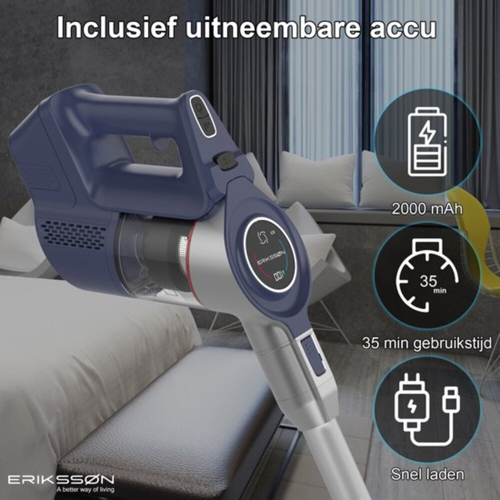 A blue and silver cordless vacuum cleaner. Features include a battery, usage time (35 min), and fast charging.