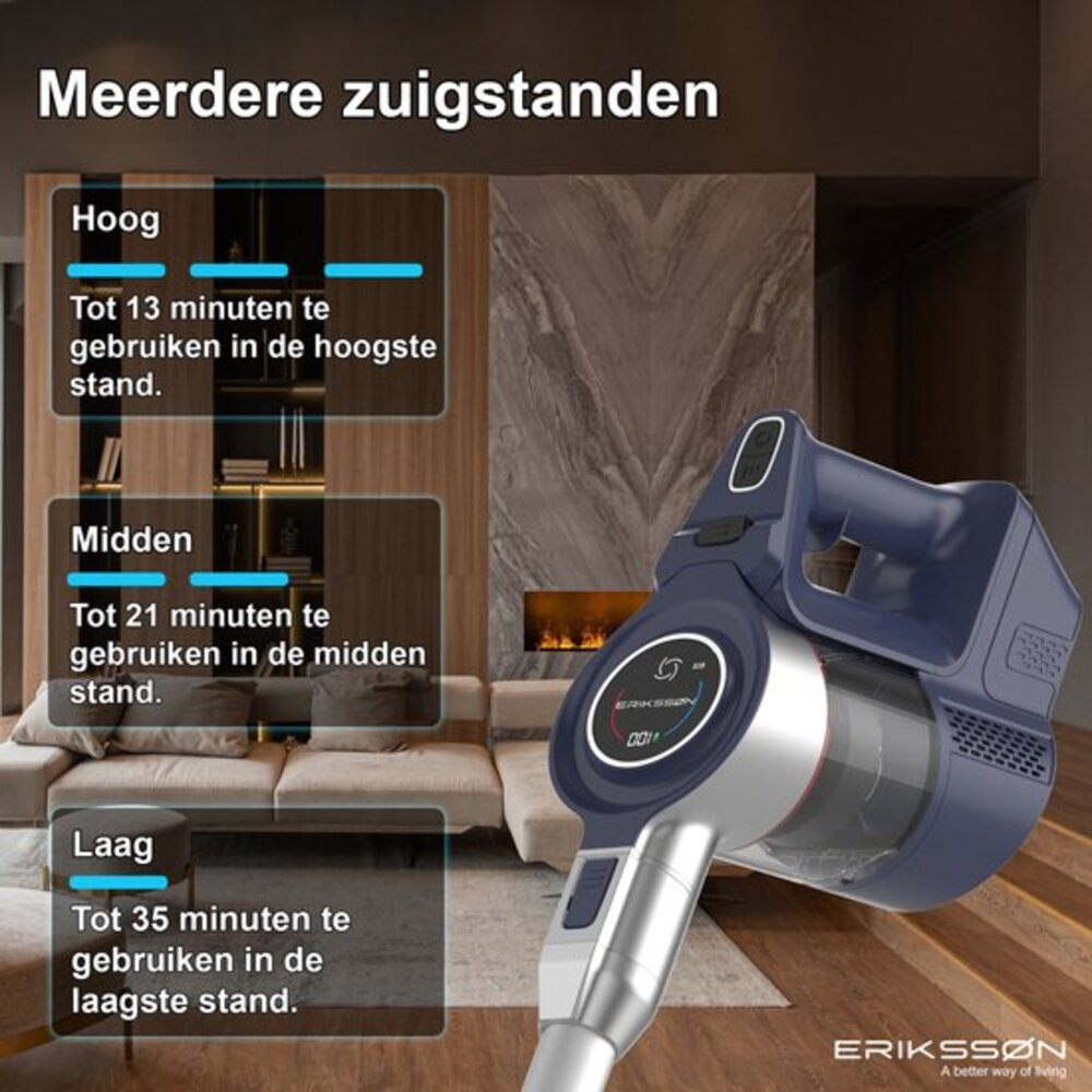 A blue and silver cordless vacuum cleaner is shown, with a graphic displaying suction power settings and usage times on the left.