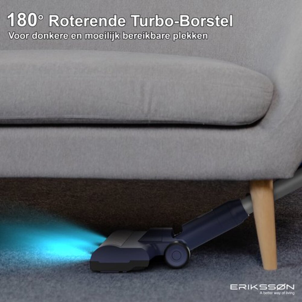 A vacuum cleaner head is under a gray sofa. The vacuum has a blue light. The text says '180° Rotating Turbo Brush'.