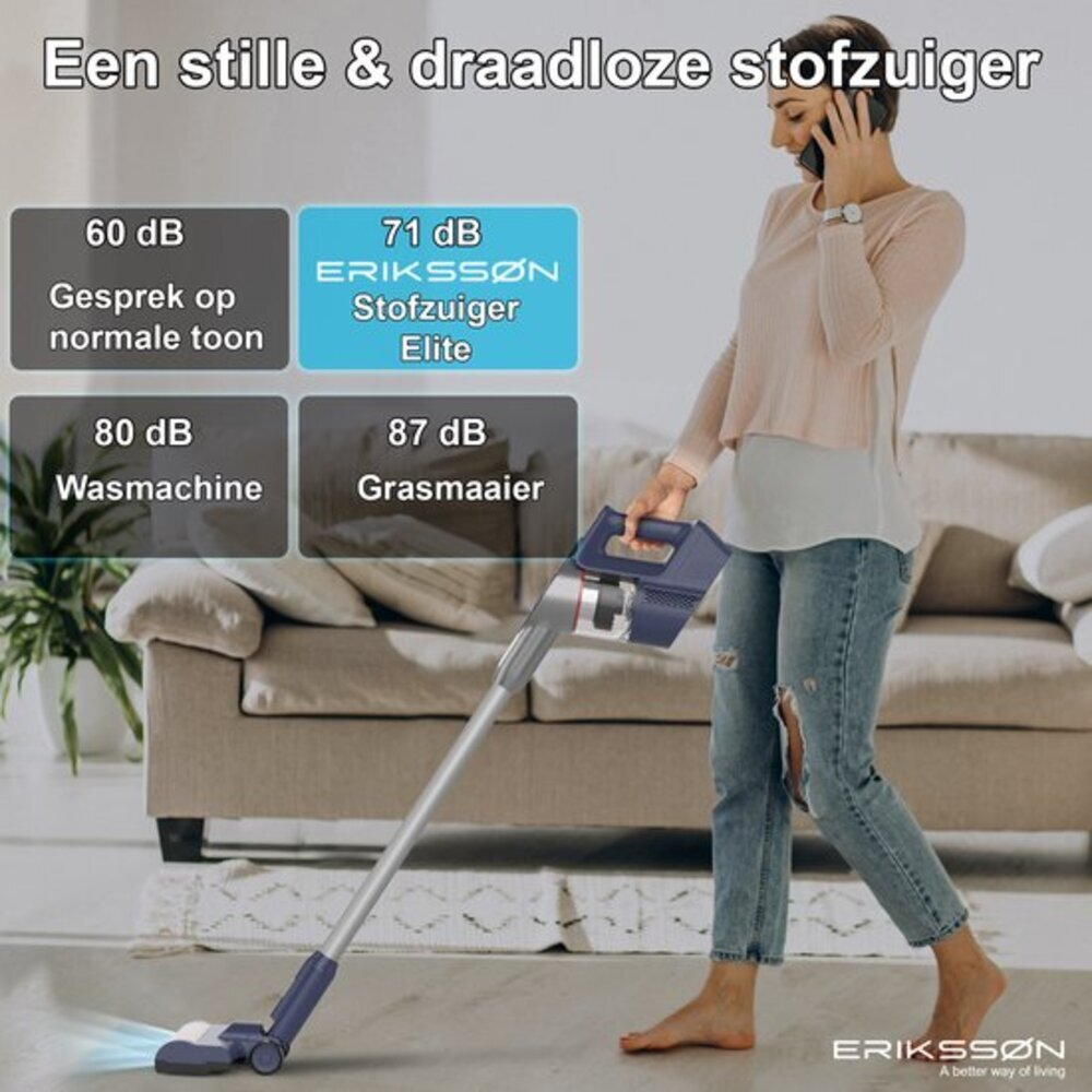A woman uses a cordless vacuum cleaner. Noise levels are displayed. The woman is on the phone. A sofa is in the background.