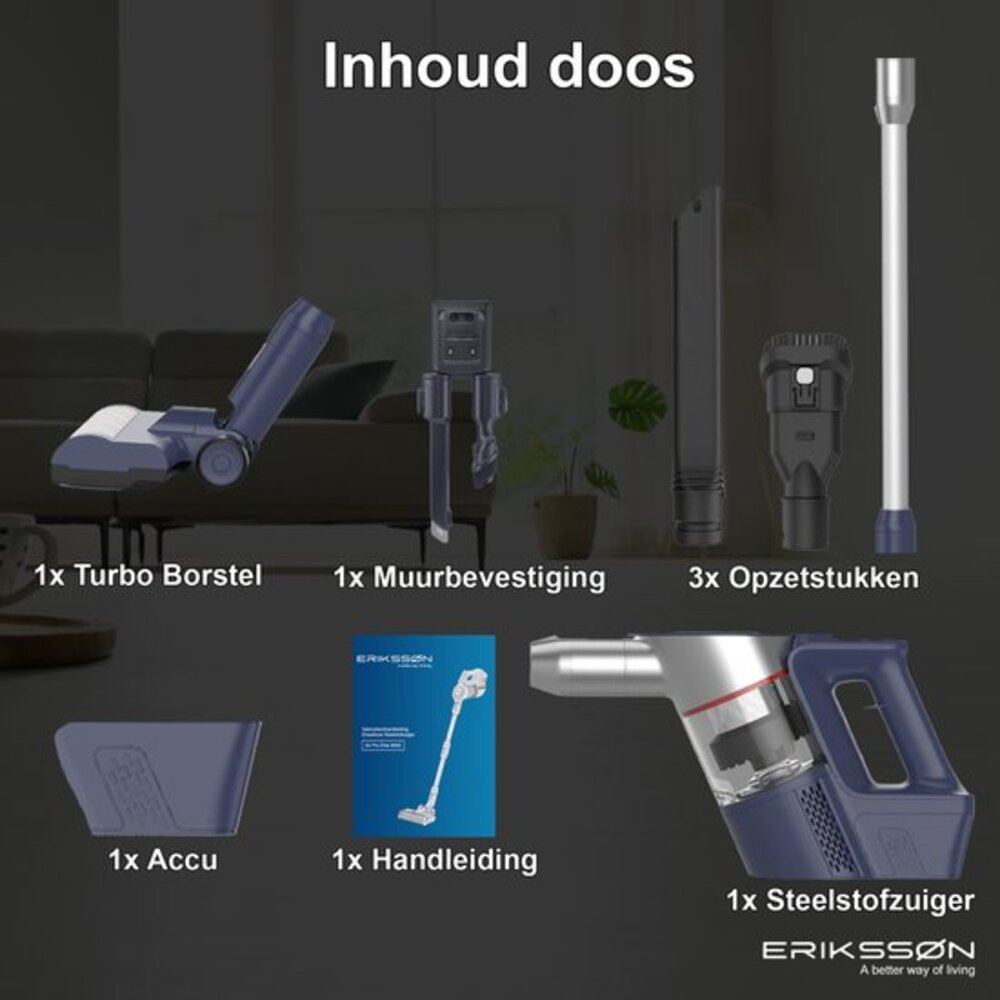 Image shows vacuum cleaner parts: turbo brush, wall mount, attachments, battery, manual, and the vacuum cleaner itself.