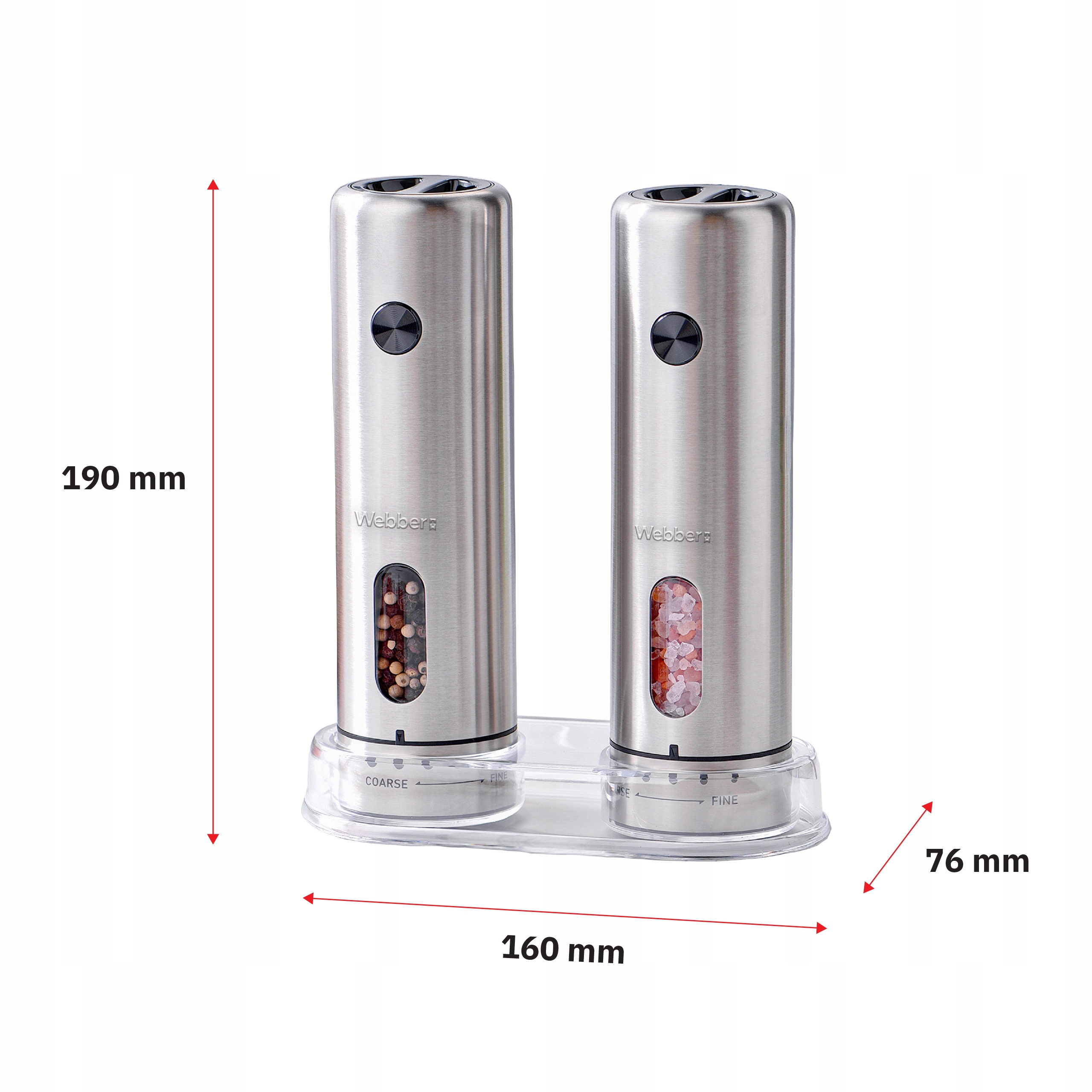 Dwa srebrne elektryczne młynki do soli i pieprzu, z wymiarami. Jeden wypełniony ziarnami pieprzu, drugi solą.
