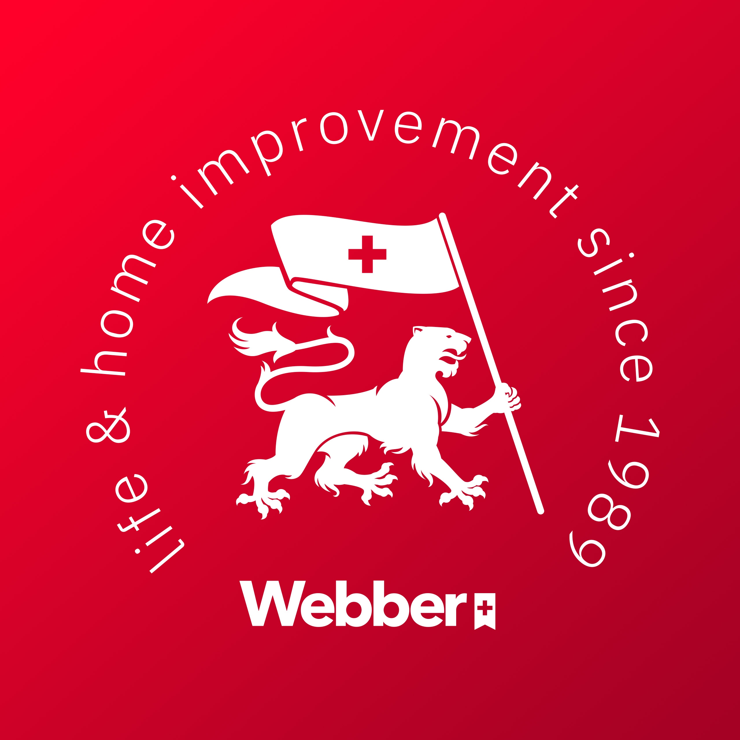Czerwone tło z białym lwem trzymającym flagę z krzyżem. Tekst: ulepszanie życia i domu od 1989. Webber.