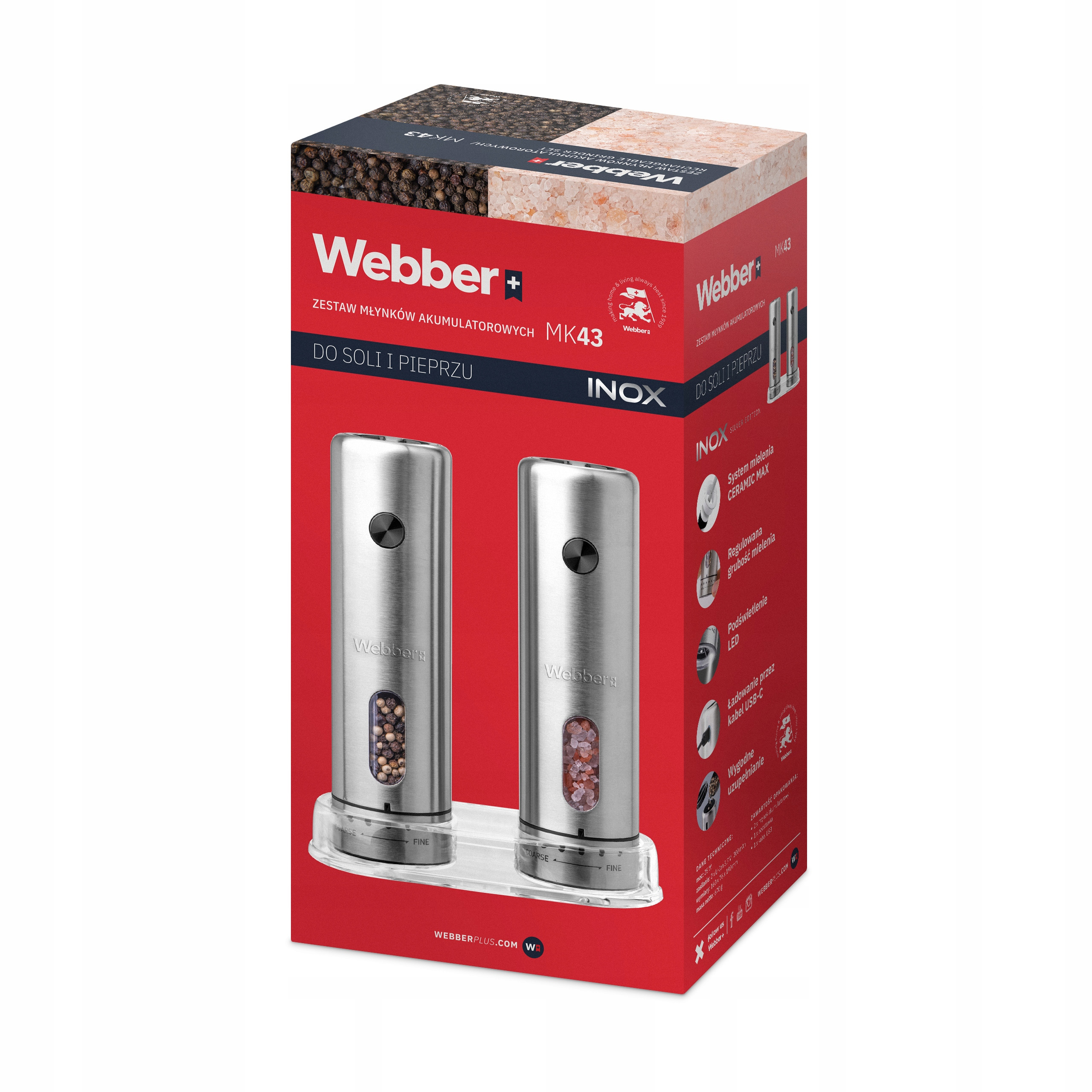 Pudełko z elektrycznymi młynkami do soli i pieprzu. Młynki są srebrne, pudełko czerwone. Zawiera pieprz i sól.