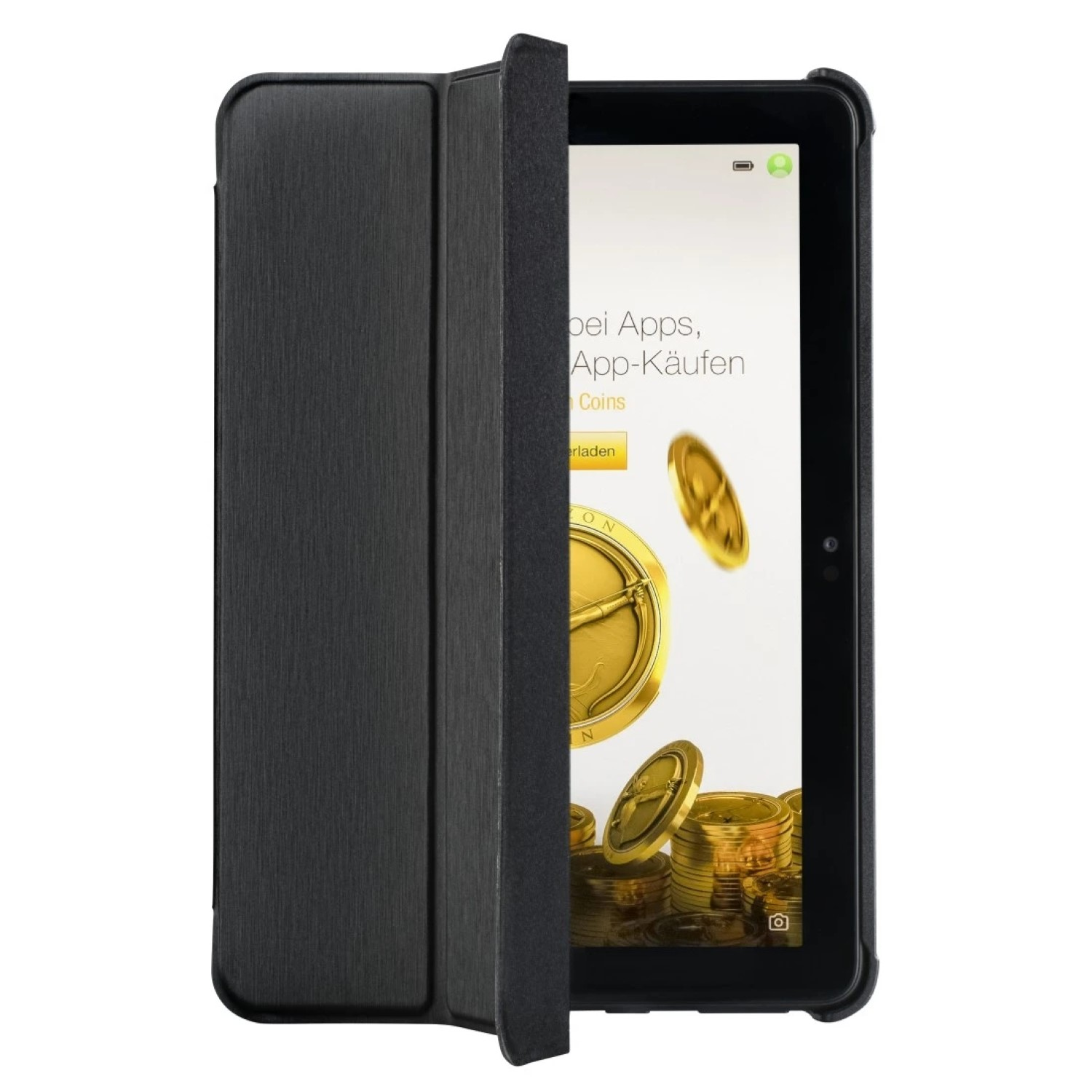 Ein Tablet mit schwarzer Hülle, teilweise geöffnet, um den Bildschirm freizugeben. Der Bildschirm zeigt Münzen und Text auf Deutsch.