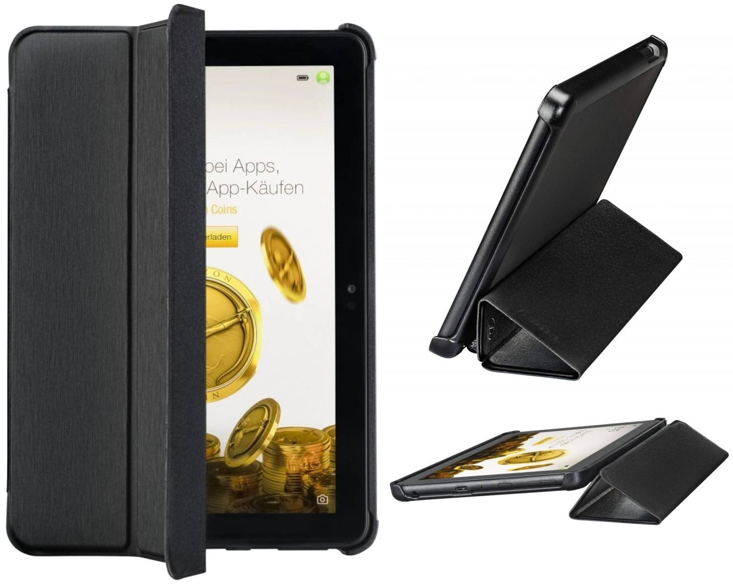 Ein schwarzes Tablet in einer schwarzen Hülle wird aus drei verschiedenen Winkeln dargestellt. Der Bildschirm zeigt eine App mit Münzen.