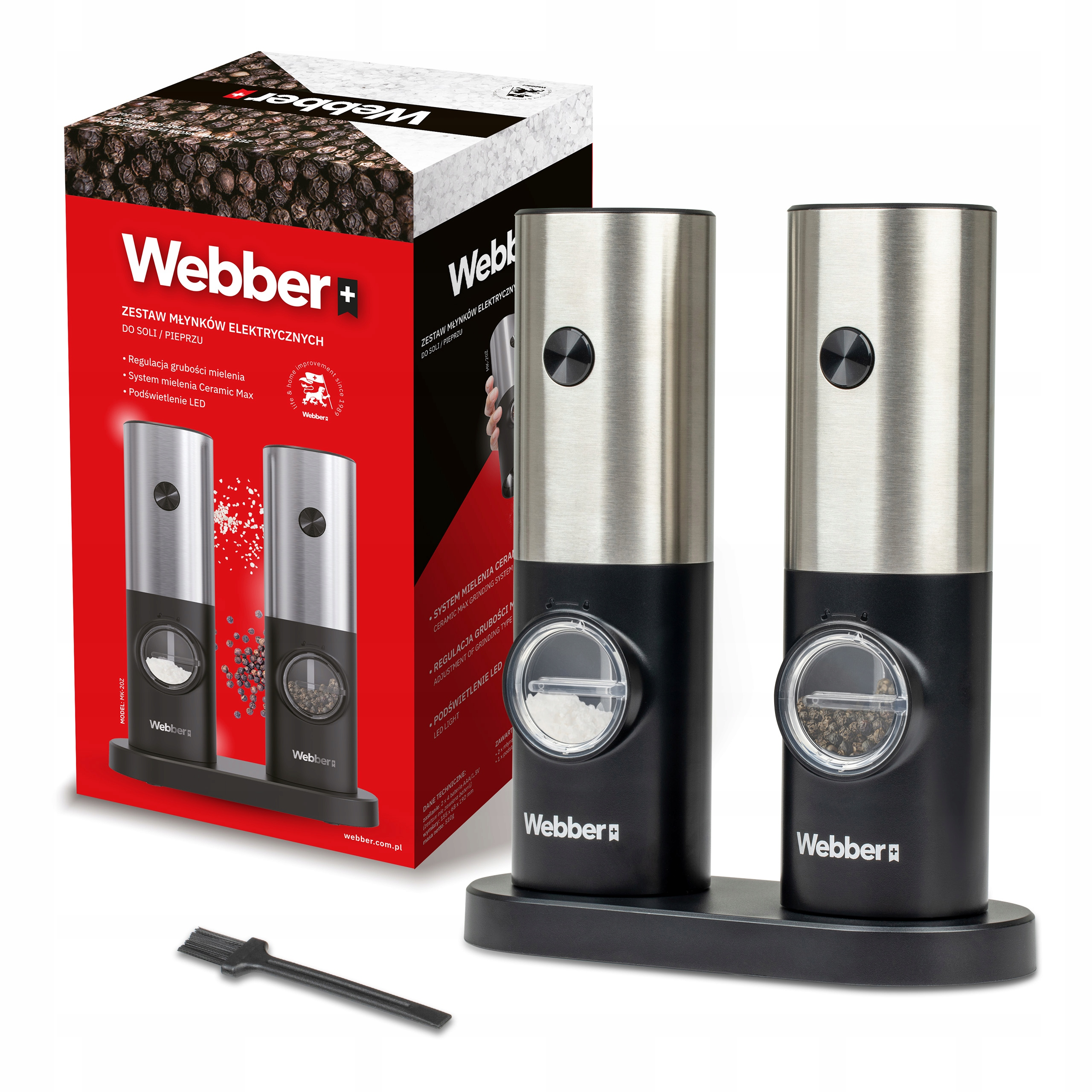 Dwa elektryczne młynki do soli i pieprzu na stojaku, z pudełkiem i szczoteczką do czyszczenia.