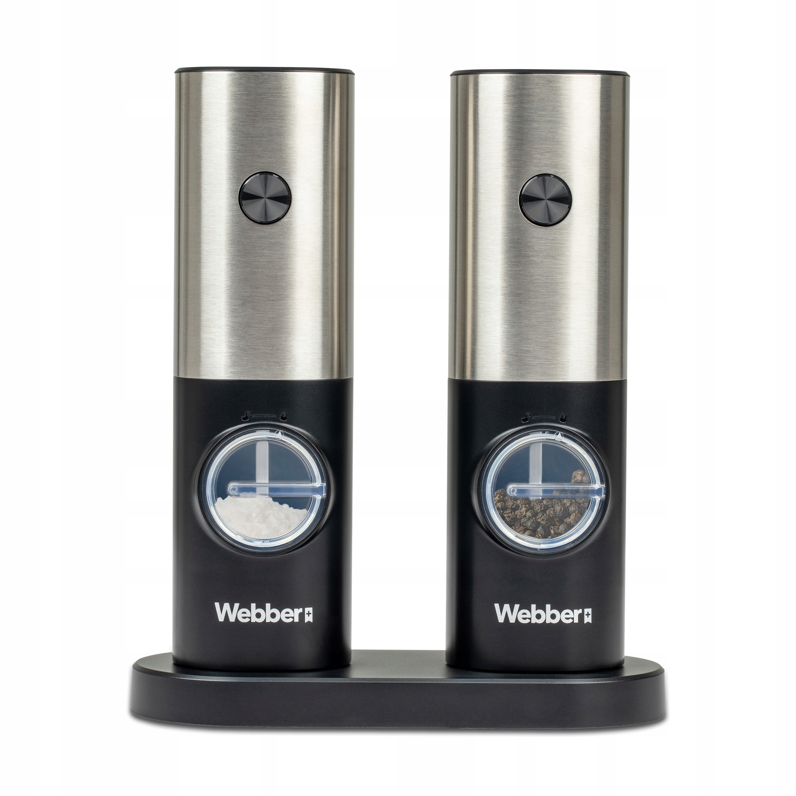 Dwa elektryczne młynki do soli i pieprzu, srebrne wierzchy, czarne podstawy, na czarnym stojaku.