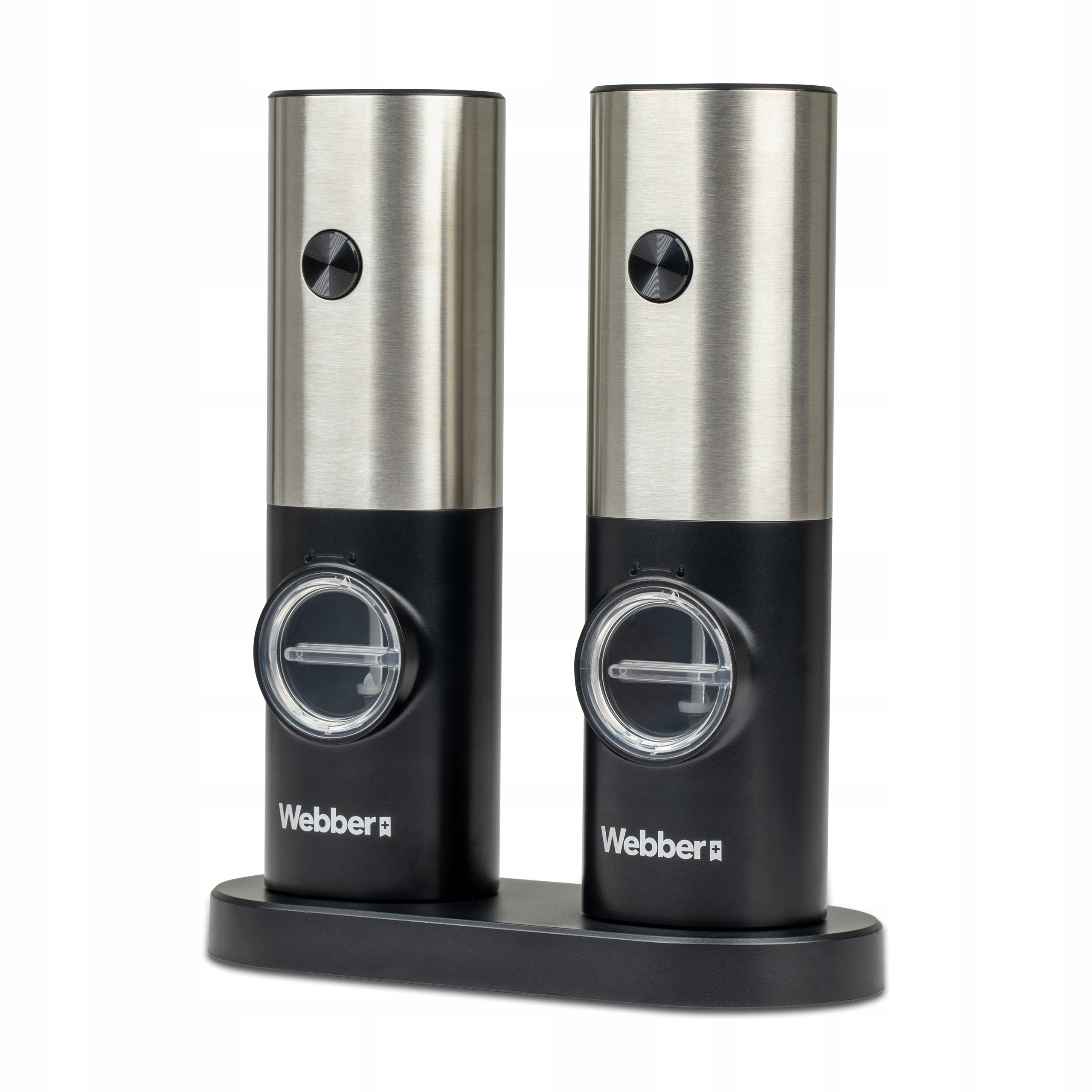 Dwa elektryczne młynki do soli i pieprzu, srebrne wierzchy, czarne podstawy, na czarnym stojaku. Marka to Webber.