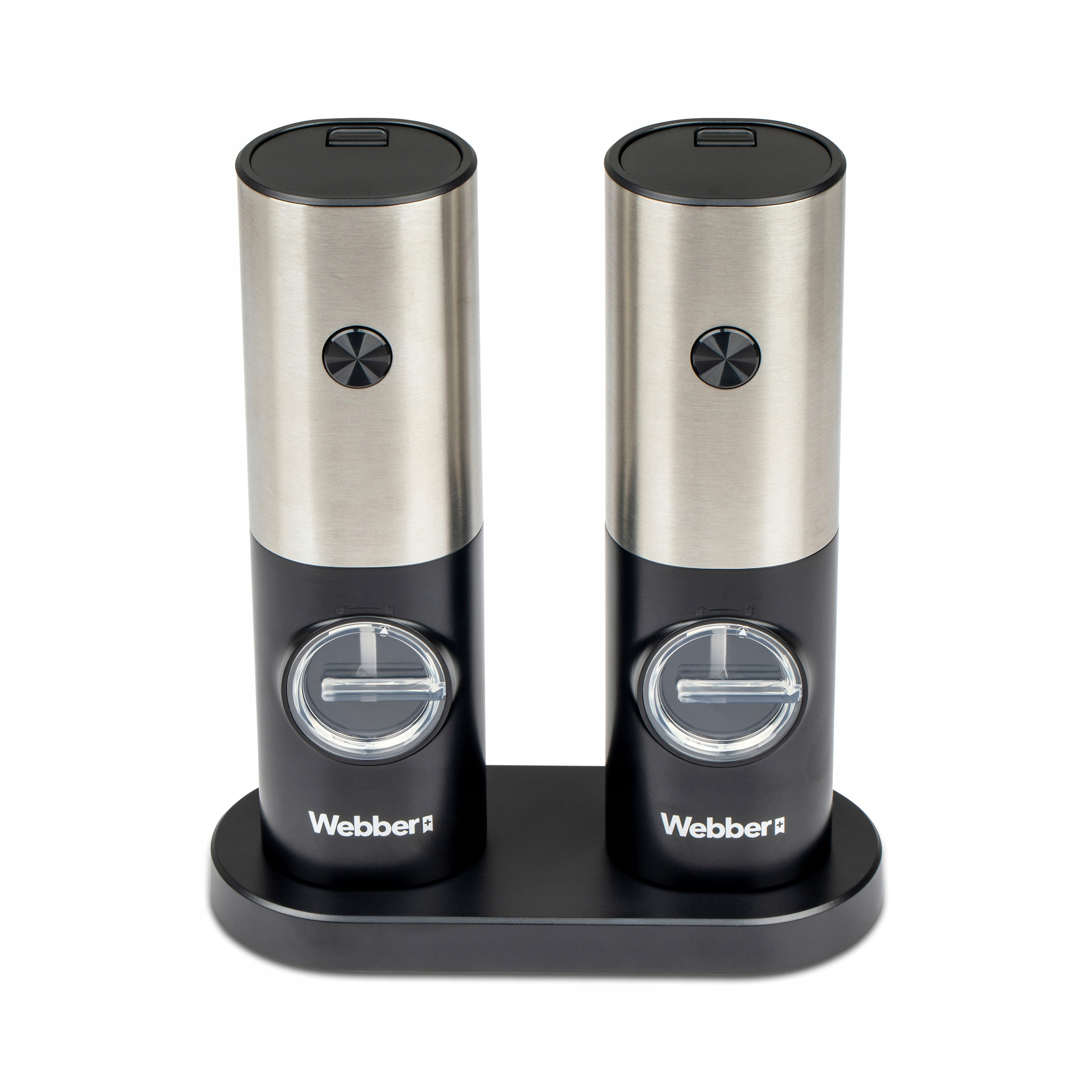 Dwa elektryczne młynki do soli i pieprzu, srebrne góry, czarne podstawy, na czarnym stojaku. Marka Webber.