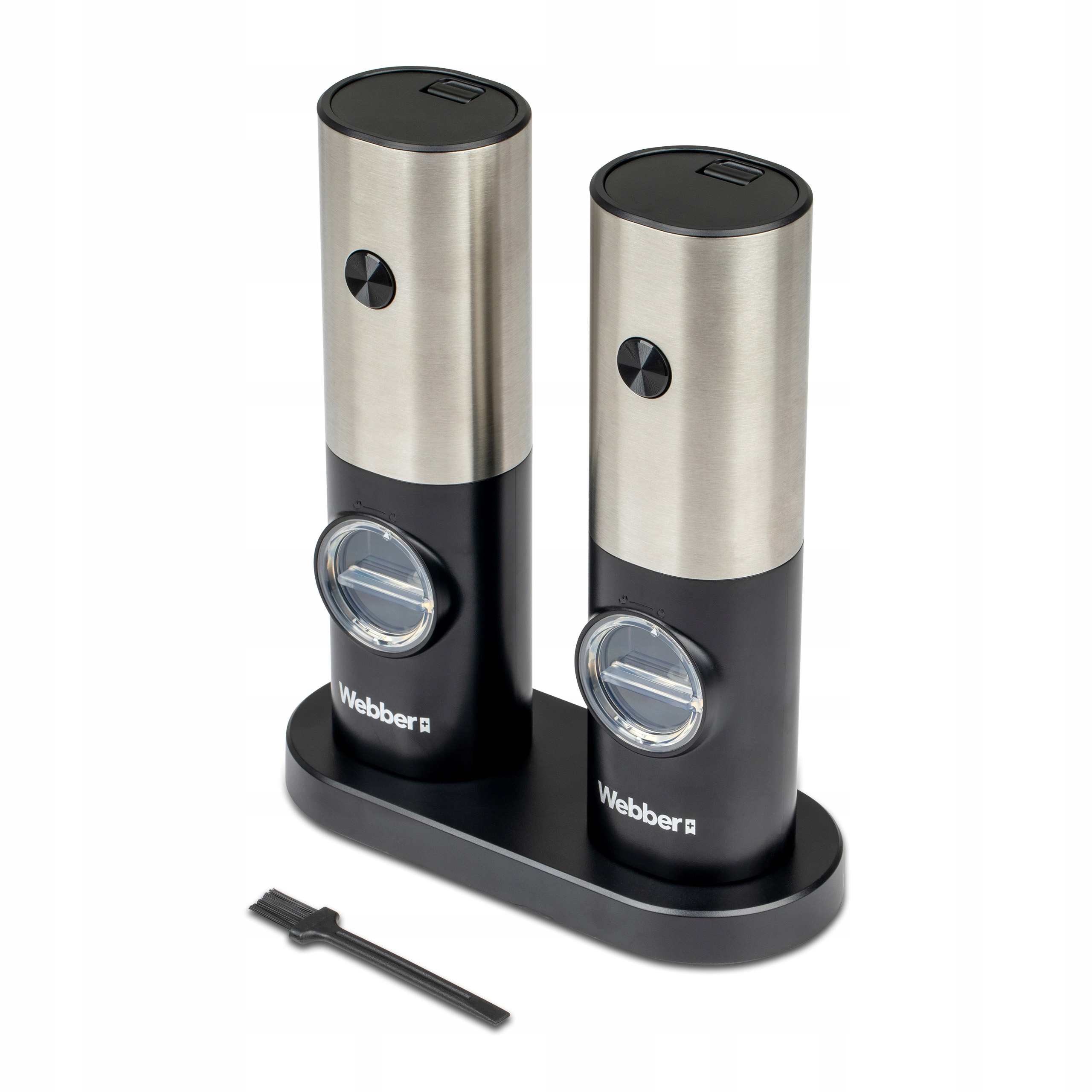 Dwa elektryczne młynki do pieprzu na czarnej podstawie, ze szczotką. Schemat kolorów ze stali nierdzewnej i czerni.