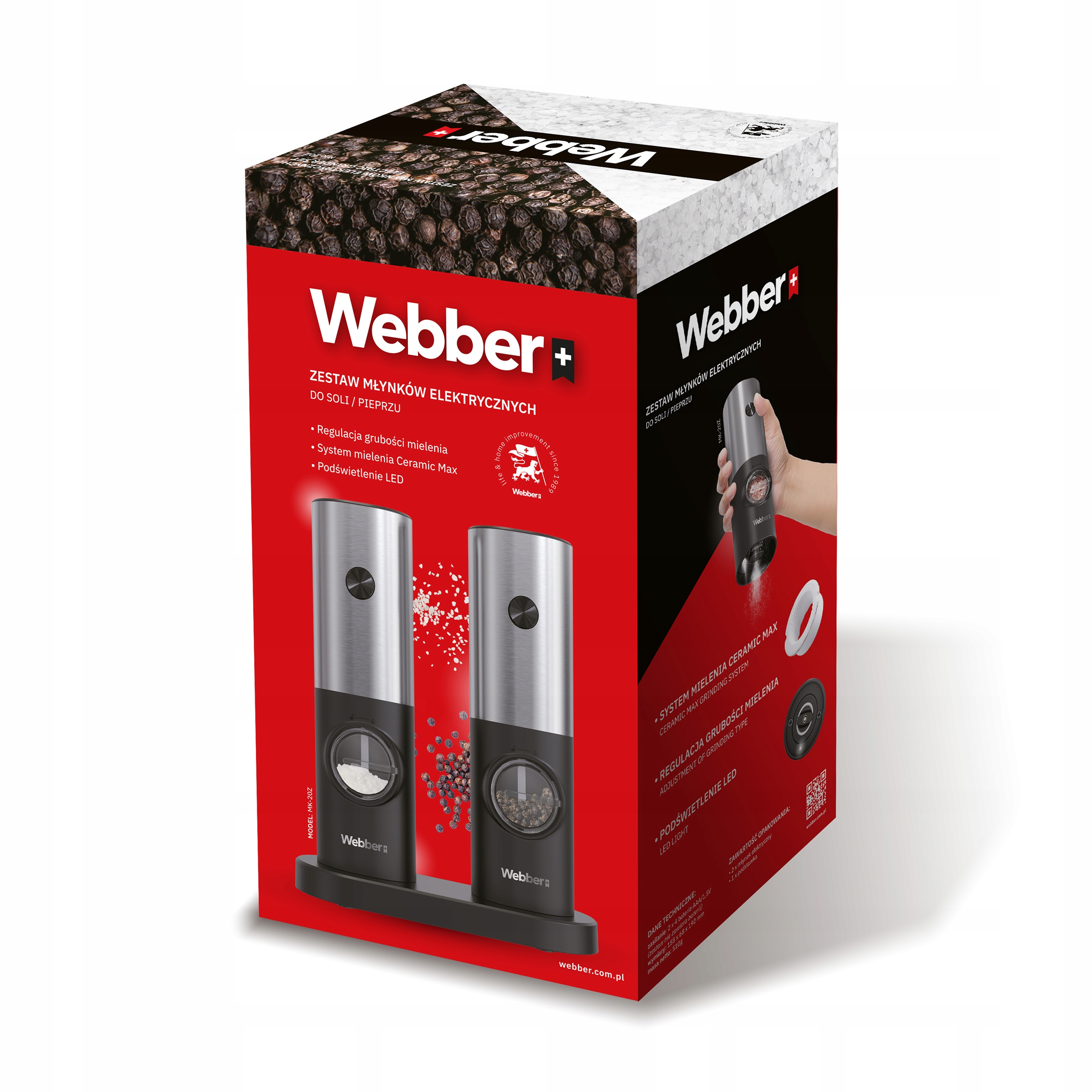 Pudełko z elektrycznymi młynkami do soli i pieprzu. Cechy: ceramic max, LED i regulacja.