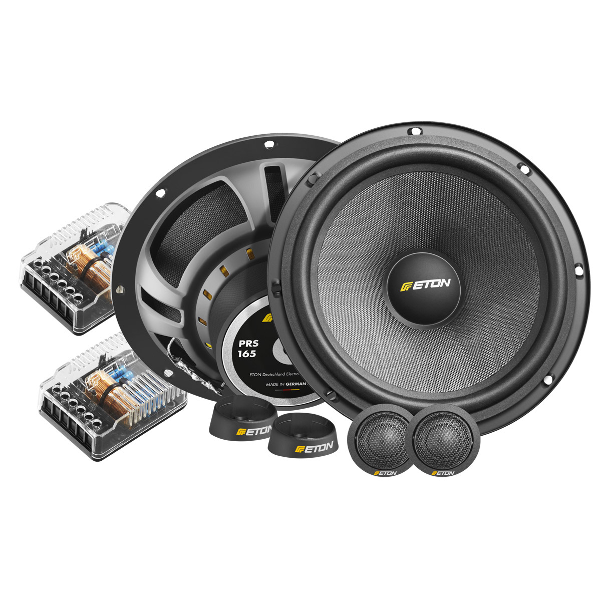 Car-Audio-Lautsprecher-Set. Enthält große Lautsprecher, Hochtöner und Frequenzweichen. Schwarz und Grau. Weißer Hintergrund.