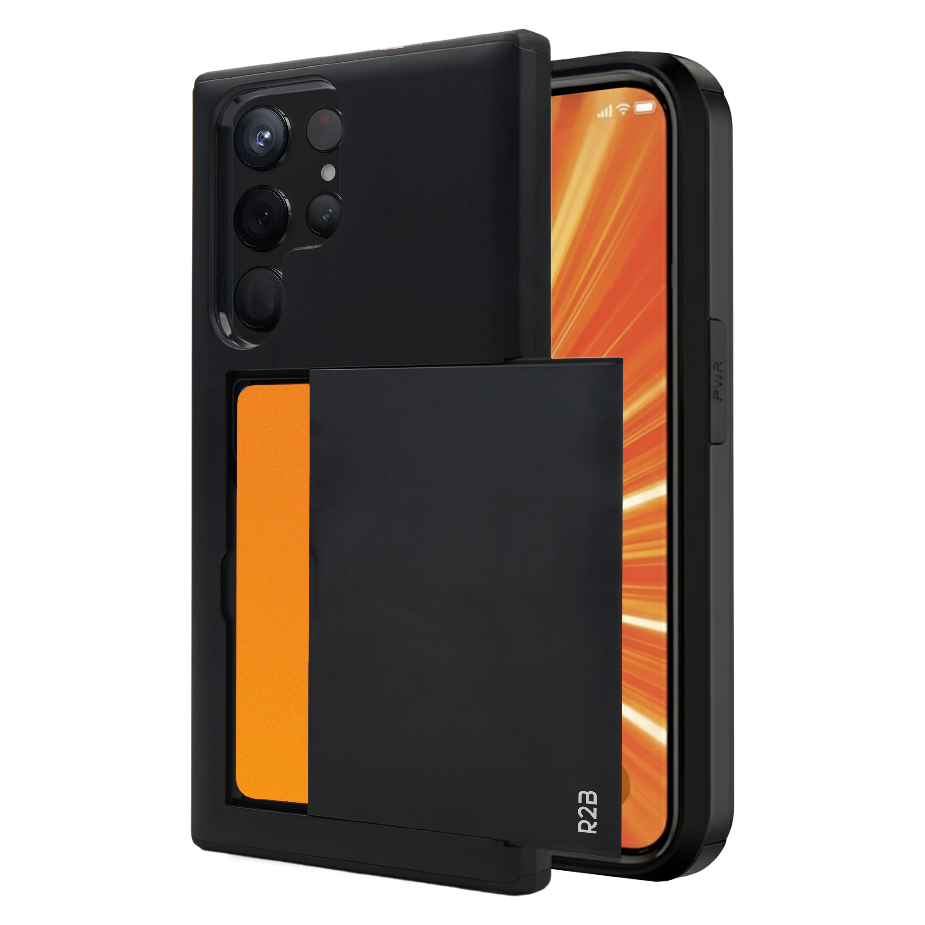 Coque de téléphone noire avec fente pour carte. Écran avec rayures oranges. La coque a un bouton d'alimentation.