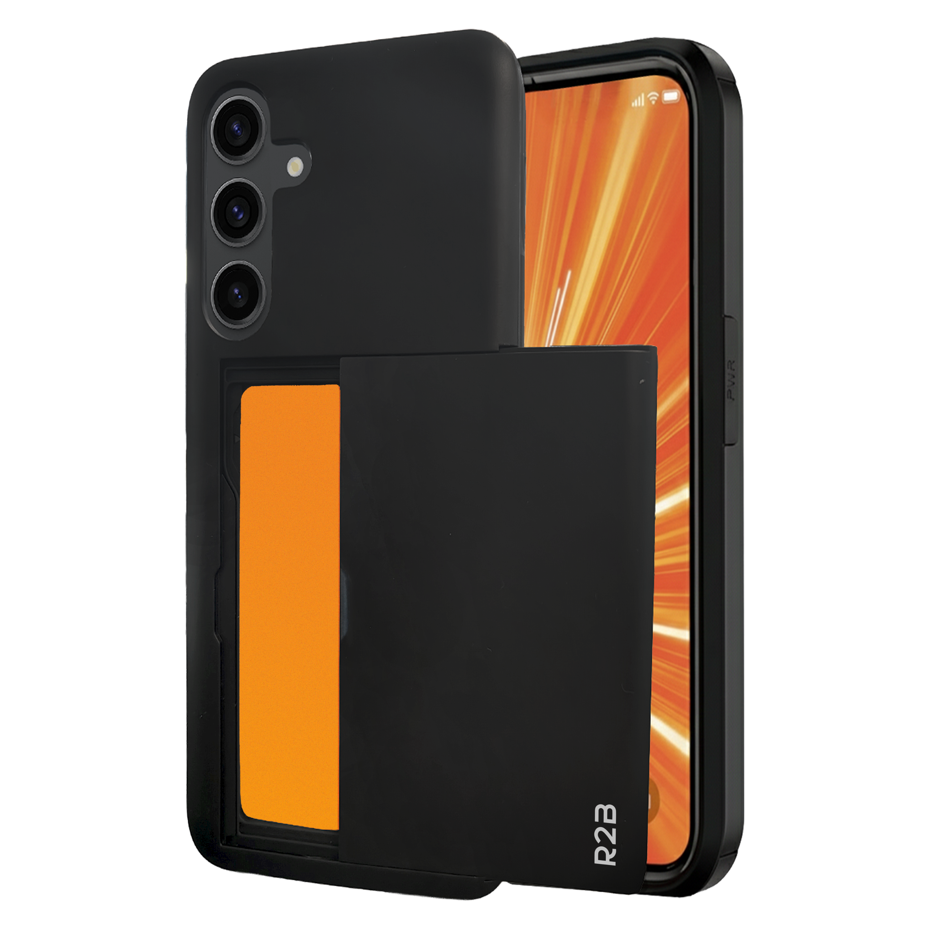 Coque de téléphone noire avec fente pour carte. Le téléphone affiche un fond orange. Il y a 'R2B' dessus.